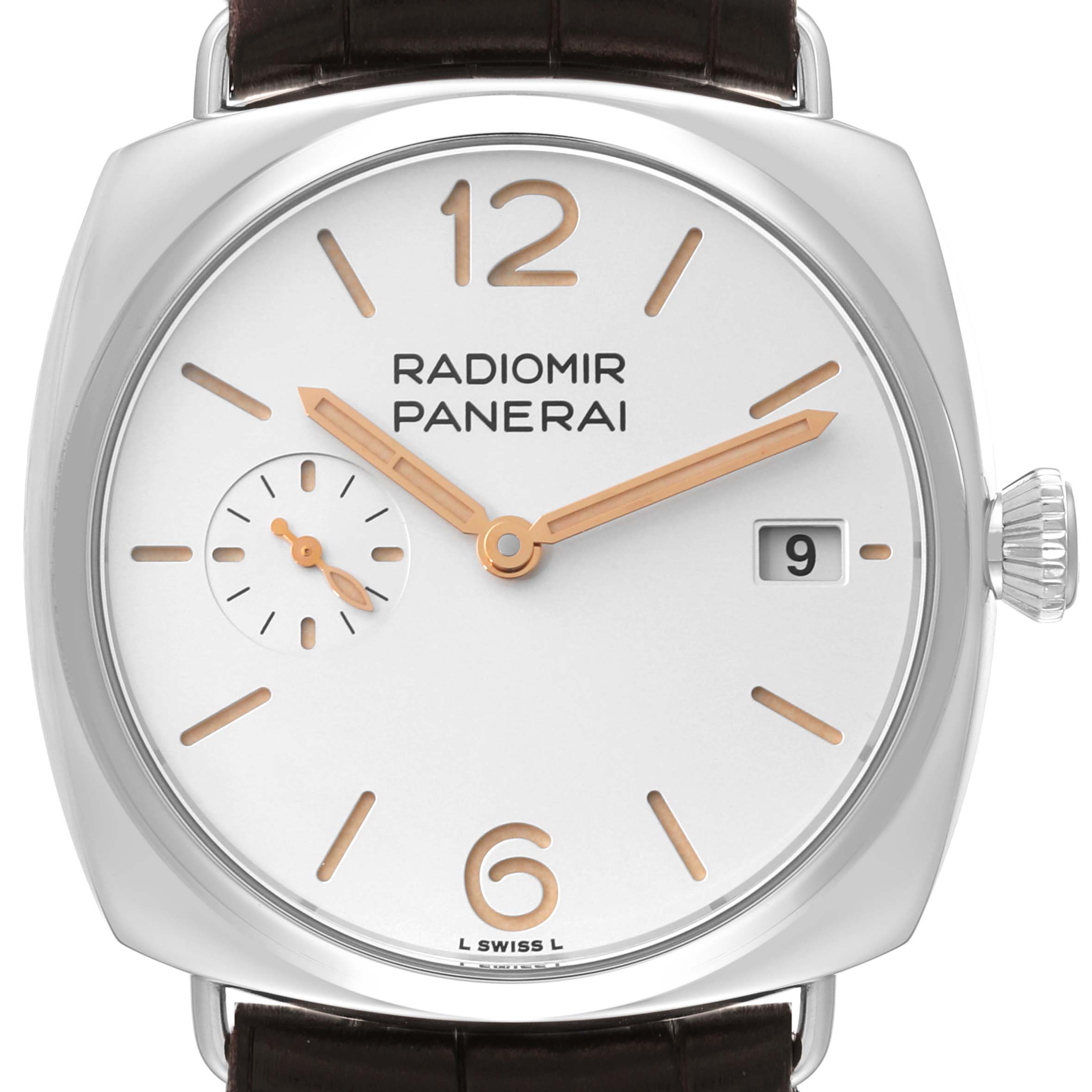 The Panerai Radiomir PAM01292 Men's Stainless Steel White Dial PAM01292 Men's Stainless Steel White Dial watch is shown from a front angle, displaying the dial, hands, date window, and part of the strap.
