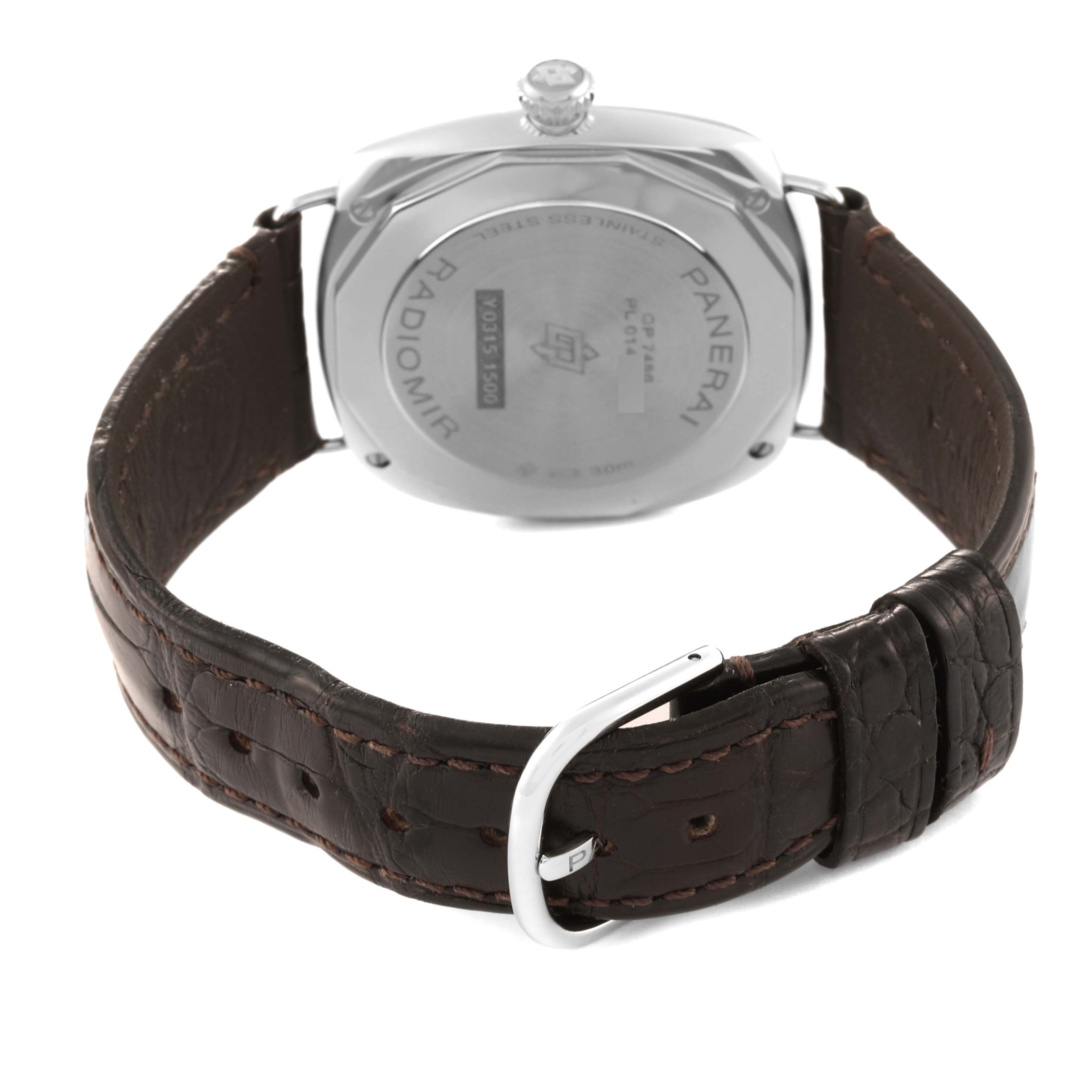 The image shows the back of a Panerai Radiomir PAM01292 Men's Stainless Steel White Dial PAM01292 Men's Stainless Steel White Dial watch with a brown leather strap and buckle.