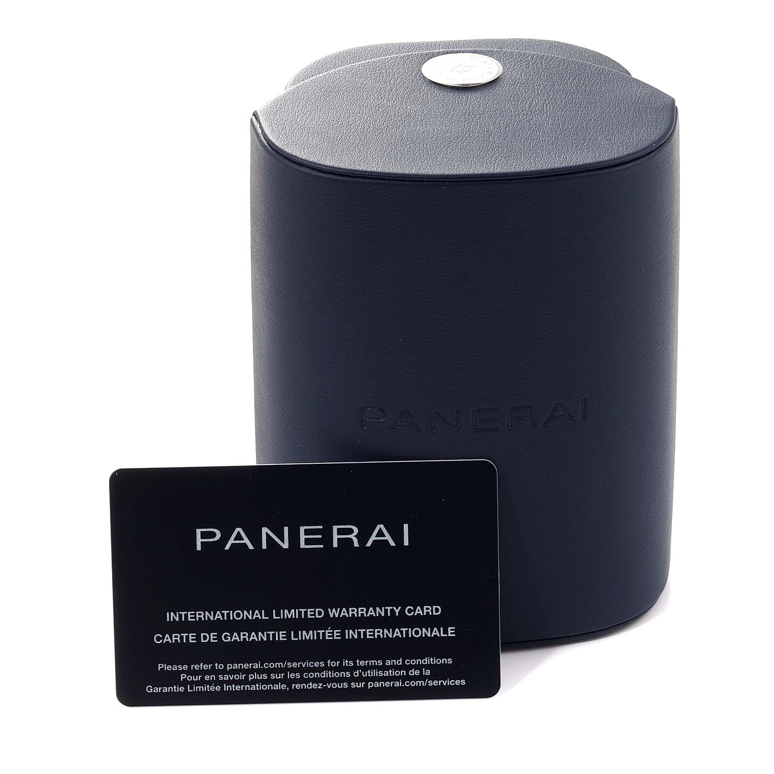 The image shows a storage case and an international limited warranty card for a Panerai Radiomir PAM01292 Men's Stainless Steel White Dial PAM01292 Men's Stainless Steel White Dial watch.