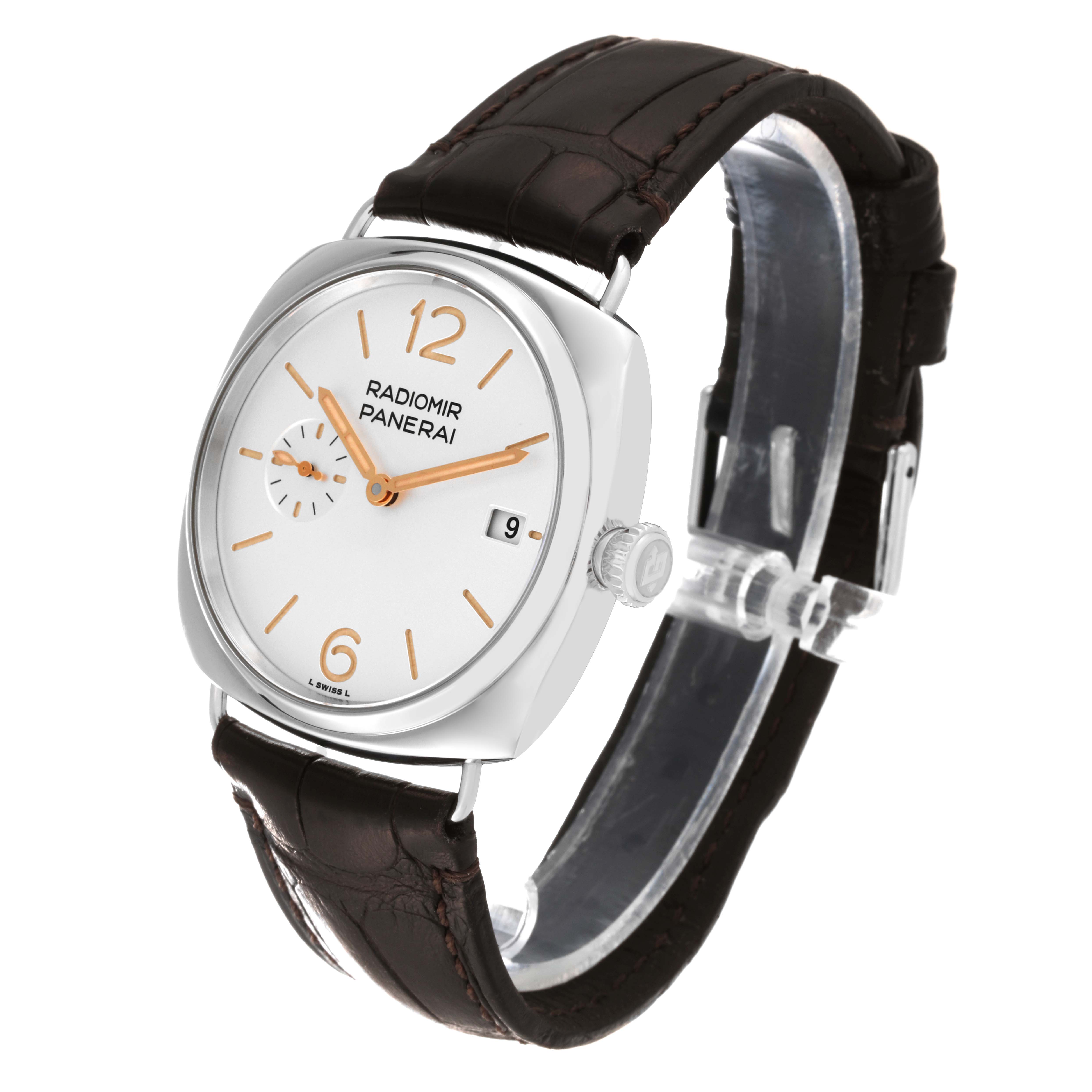 The image shows a Panerai Radiomir PAM01292 Men's Stainless Steel White Dial PAM01292 Men's Stainless Steel White Dial watch from an angled side view, displaying the dial, watch case, crown, and leather strap.