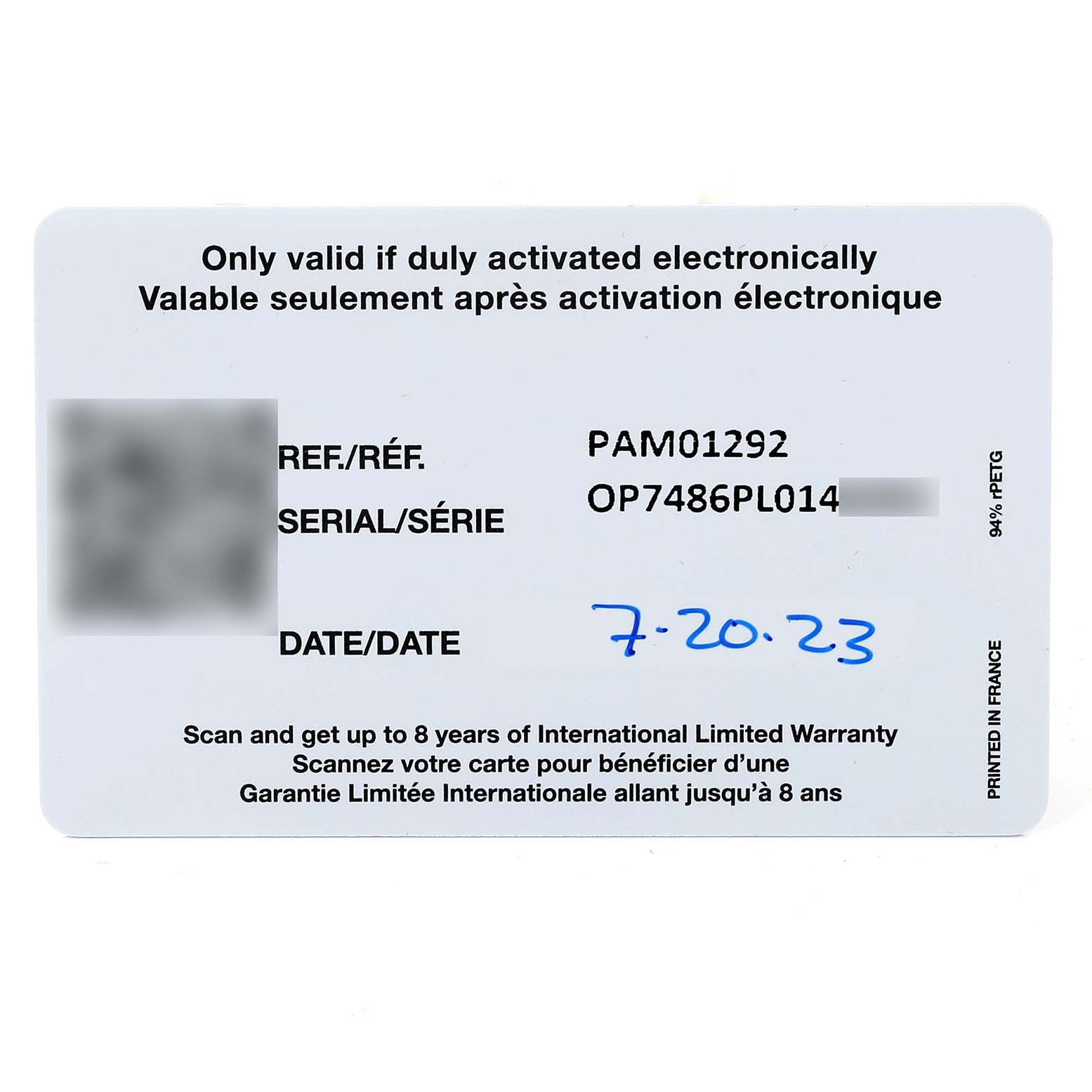 This image shows the warranty card for the Panerai Radiomir PAM01292 Men's Stainless Steel White Dial PAM01292 Men's Stainless Steel White Dial model PAM01292.