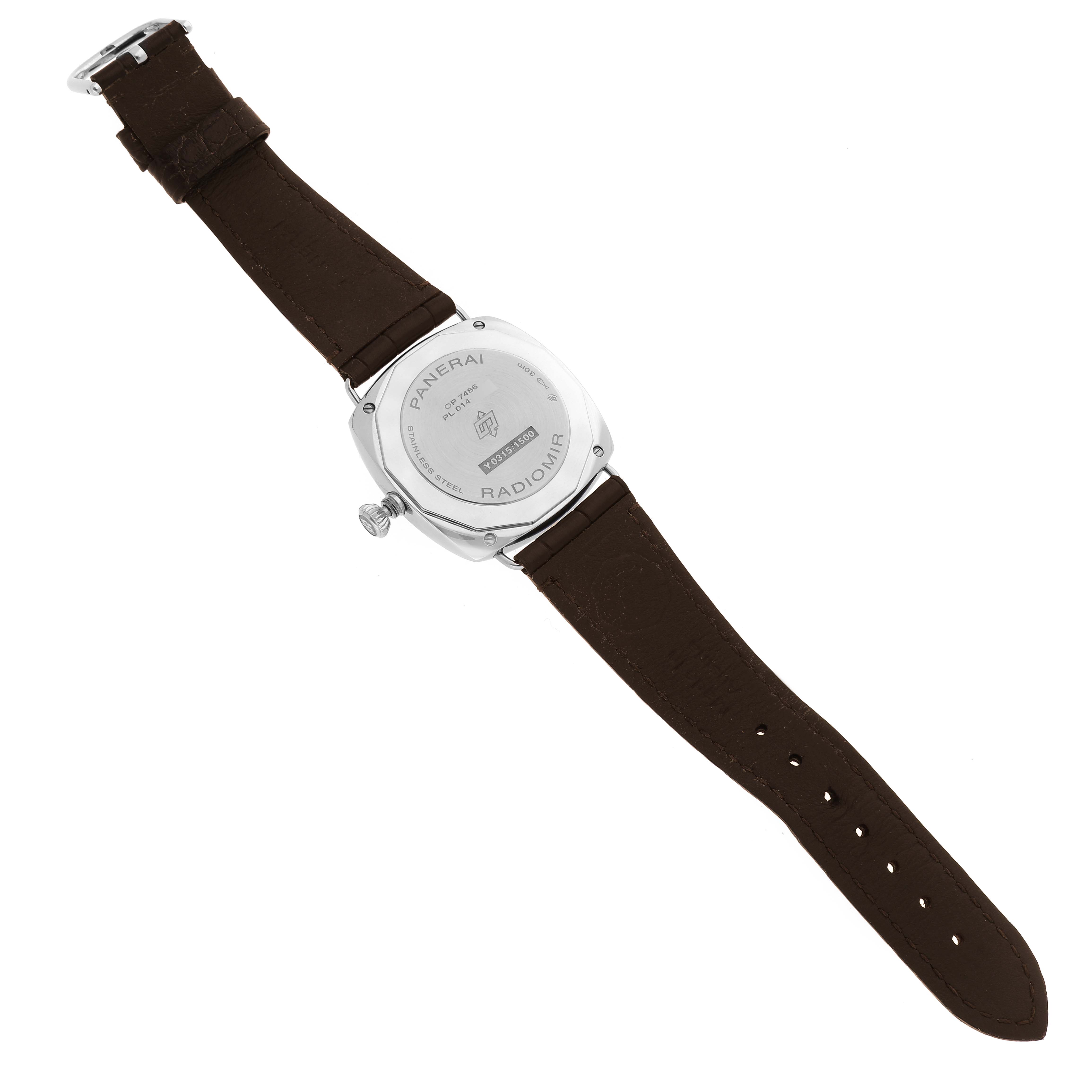 The image shows the back side of a Panerai Radiomir PAM01292 Men's Stainless Steel White Dial PAM01292 Men's Stainless Steel White Dial watch with its brown leather strap and stainless steel caseback.