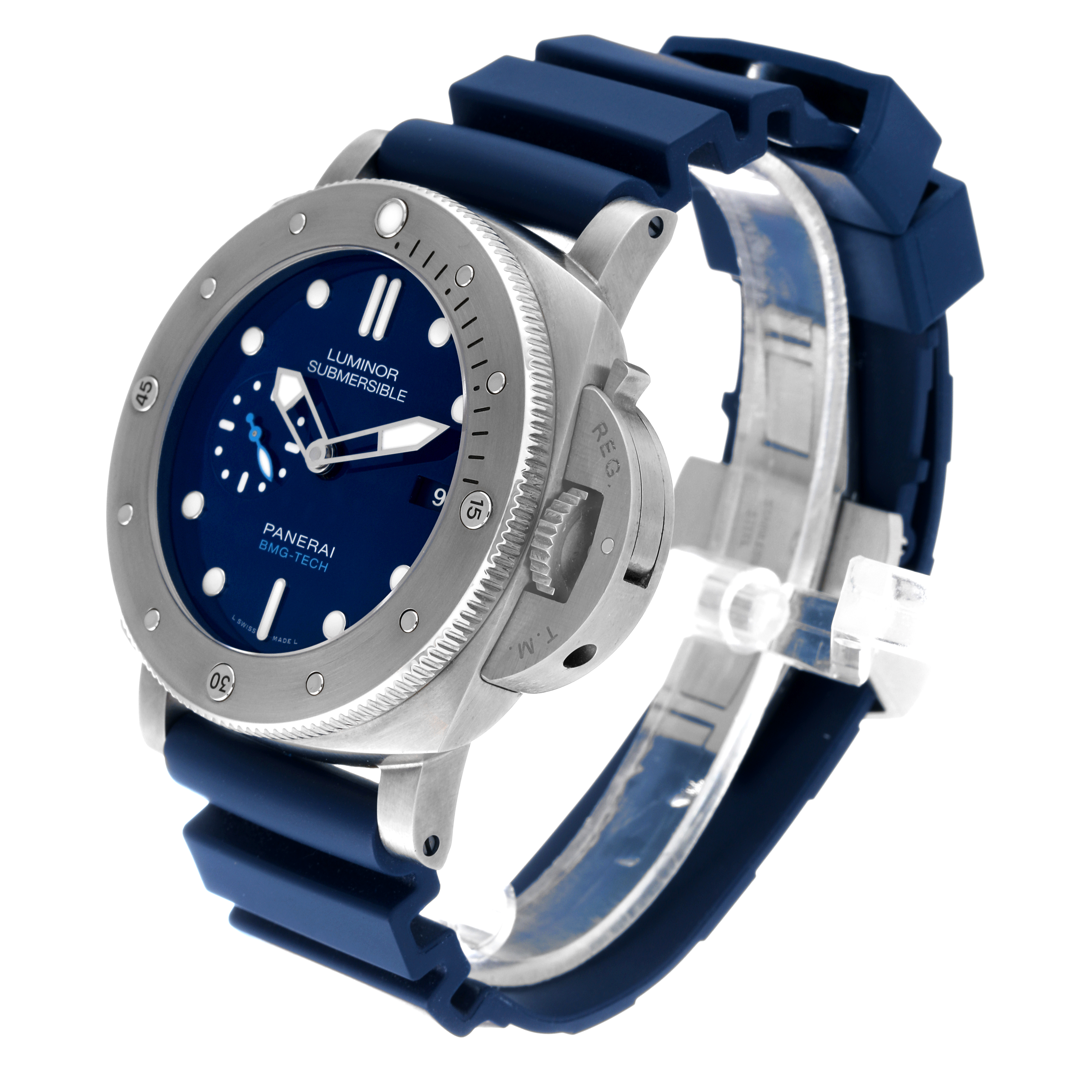 The image shows a side view of the Panerai Luminor Submersible watch, highlighting its face, bezel, and blue strap.