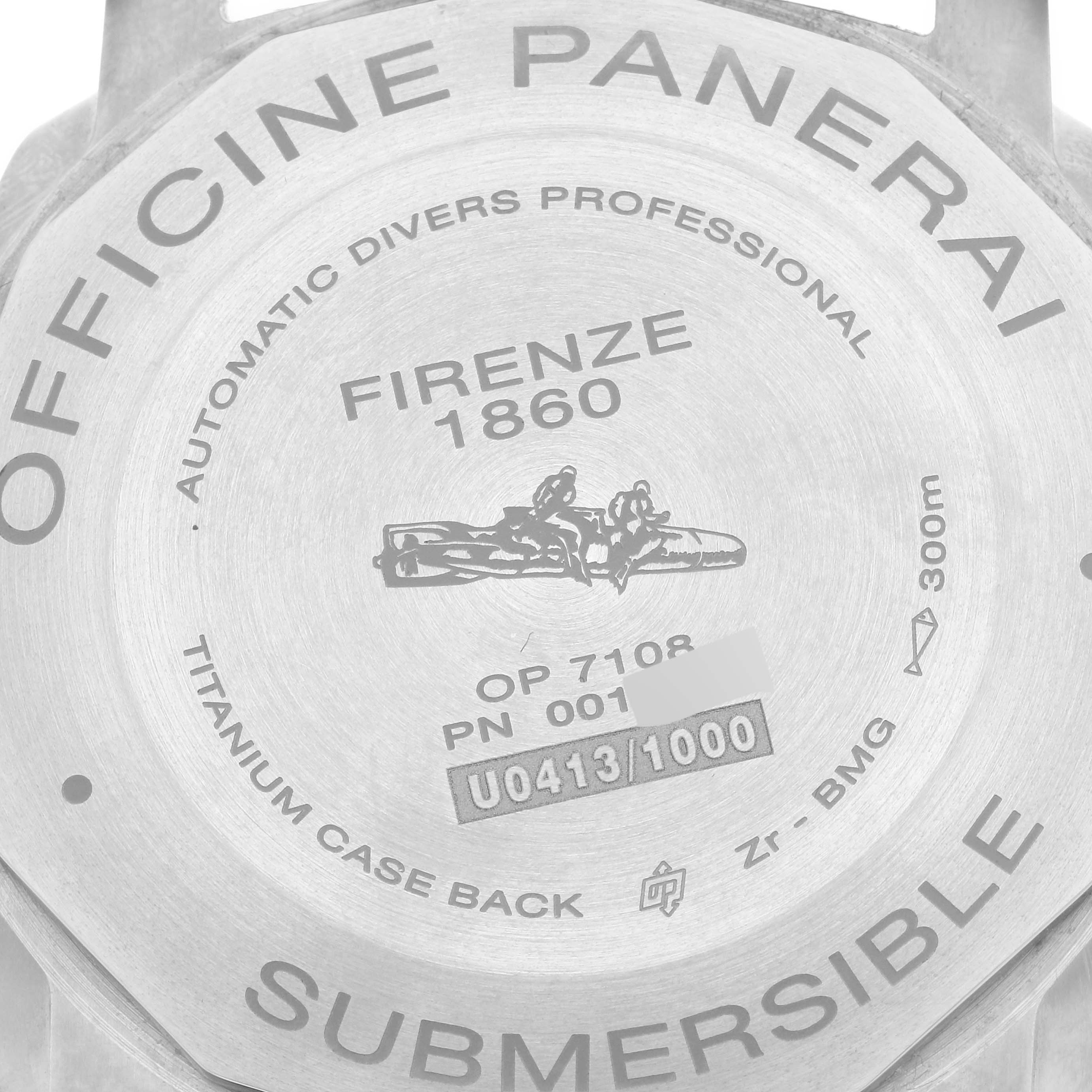 The image shows the back of the Panerai Submersible PAM00692 Men's Titanium Blue Dial PAM00692 Men's Titanium Blue Dial watch, displaying engravings including brand name, model, and serial number.