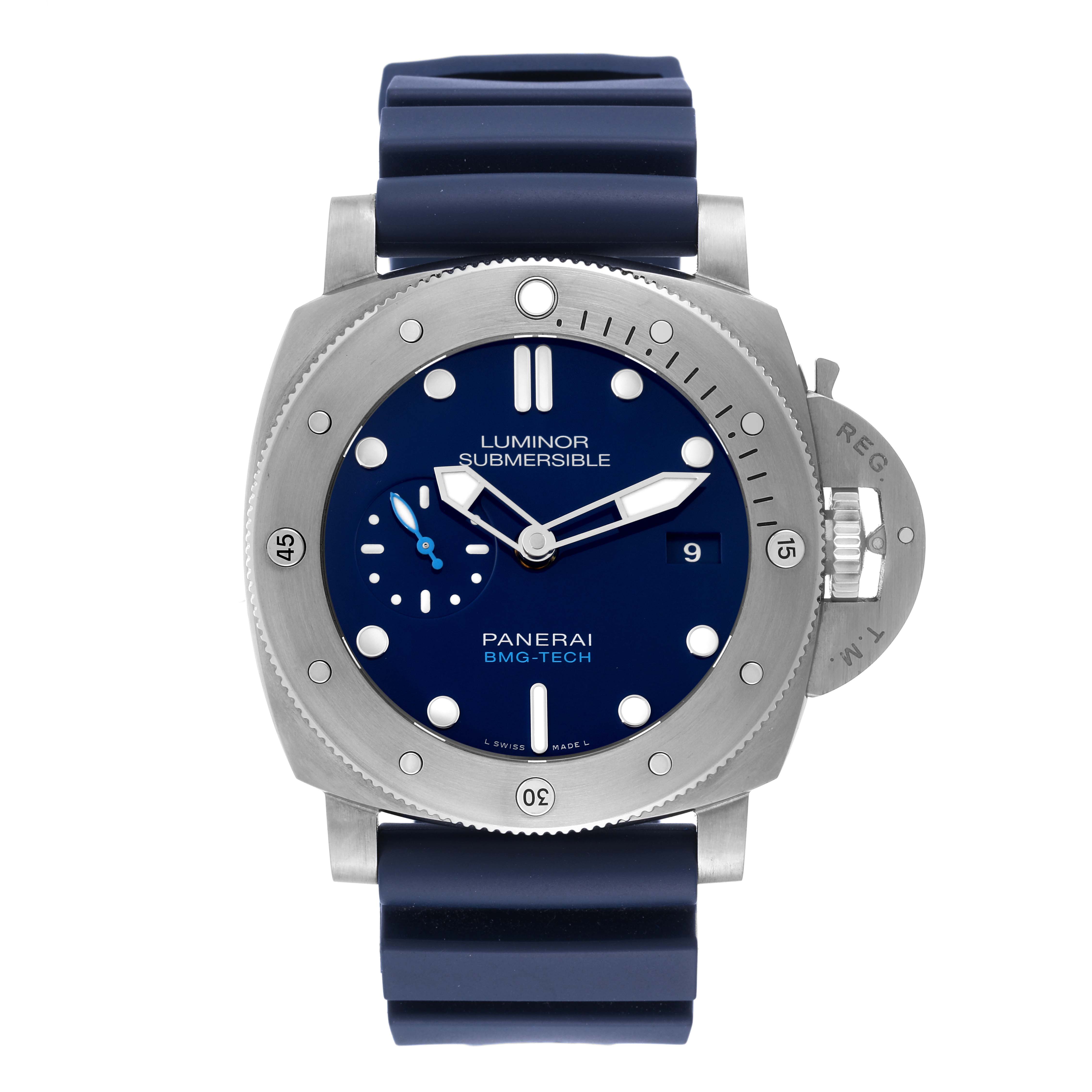 The Panerai Submersible PAM00692 Men's Titanium Blue Dial PAM00692 Men's Titanium Blue Dial watch is shown from a top-down angle, highlighting the face, bezel, and strap.