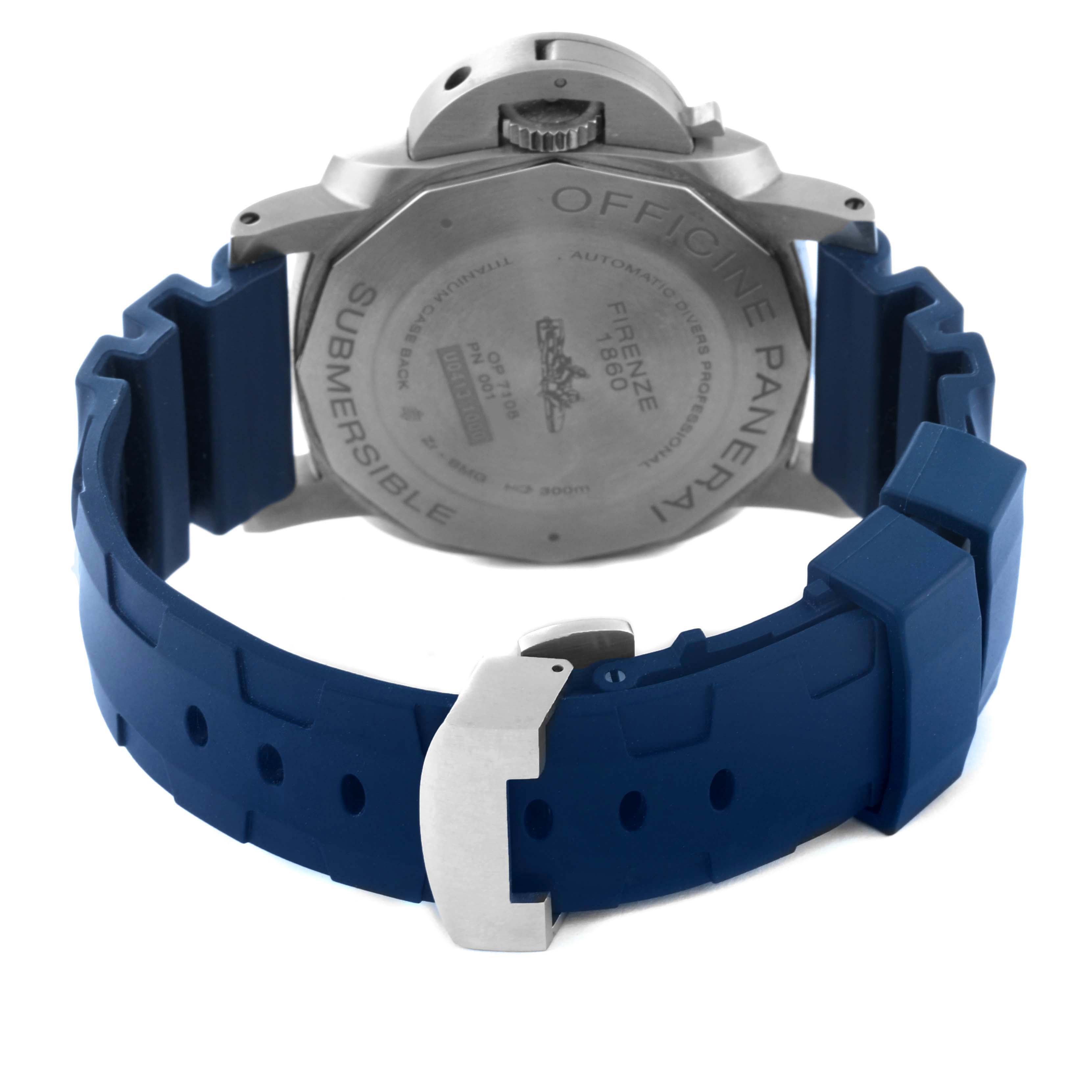This image shows the back view of a Panerai Submersible PAM00692 Men's Titanium Blue Dial PAM00692 Men's Titanium Blue Dial watch, highlighting its case back and blue rubber strap.