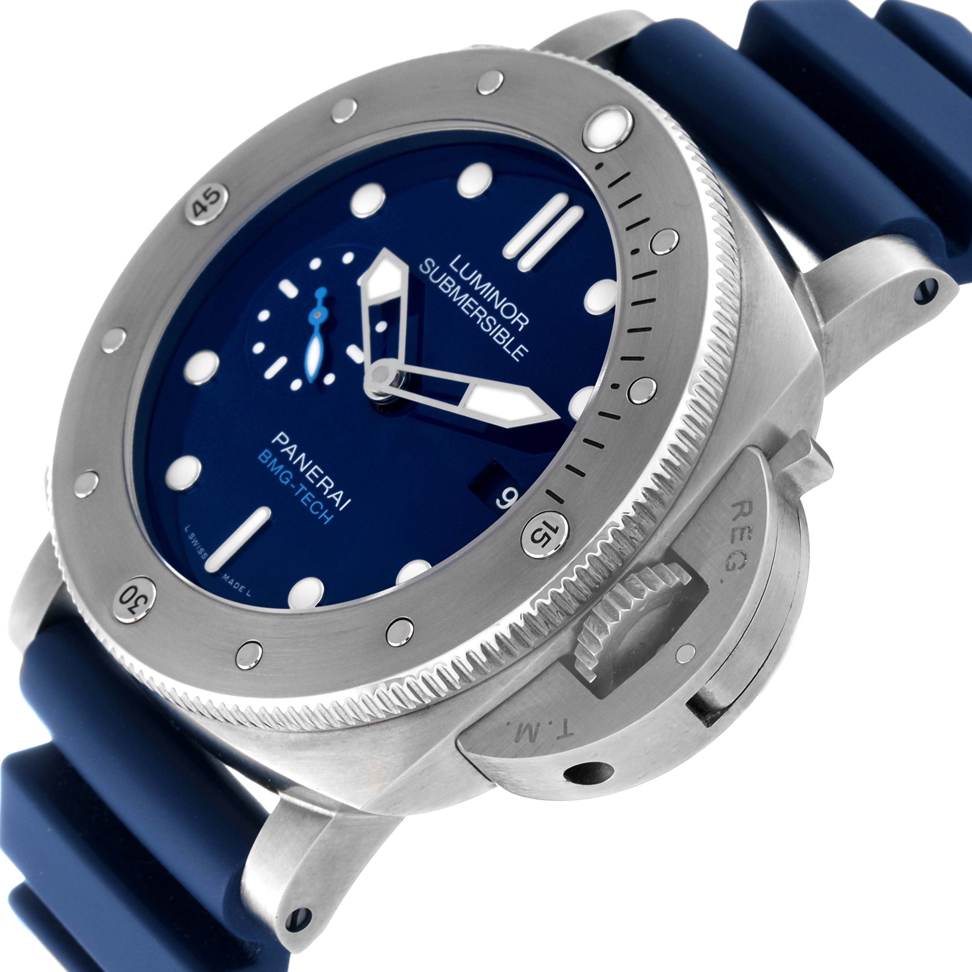 The Panerai Submersible PAM00692 Men's Titanium Blue Dial PAM00692 Men's Titanium Blue Dial watch is shown from an angled view highlighting the crown guard, bezel, and blue dial.