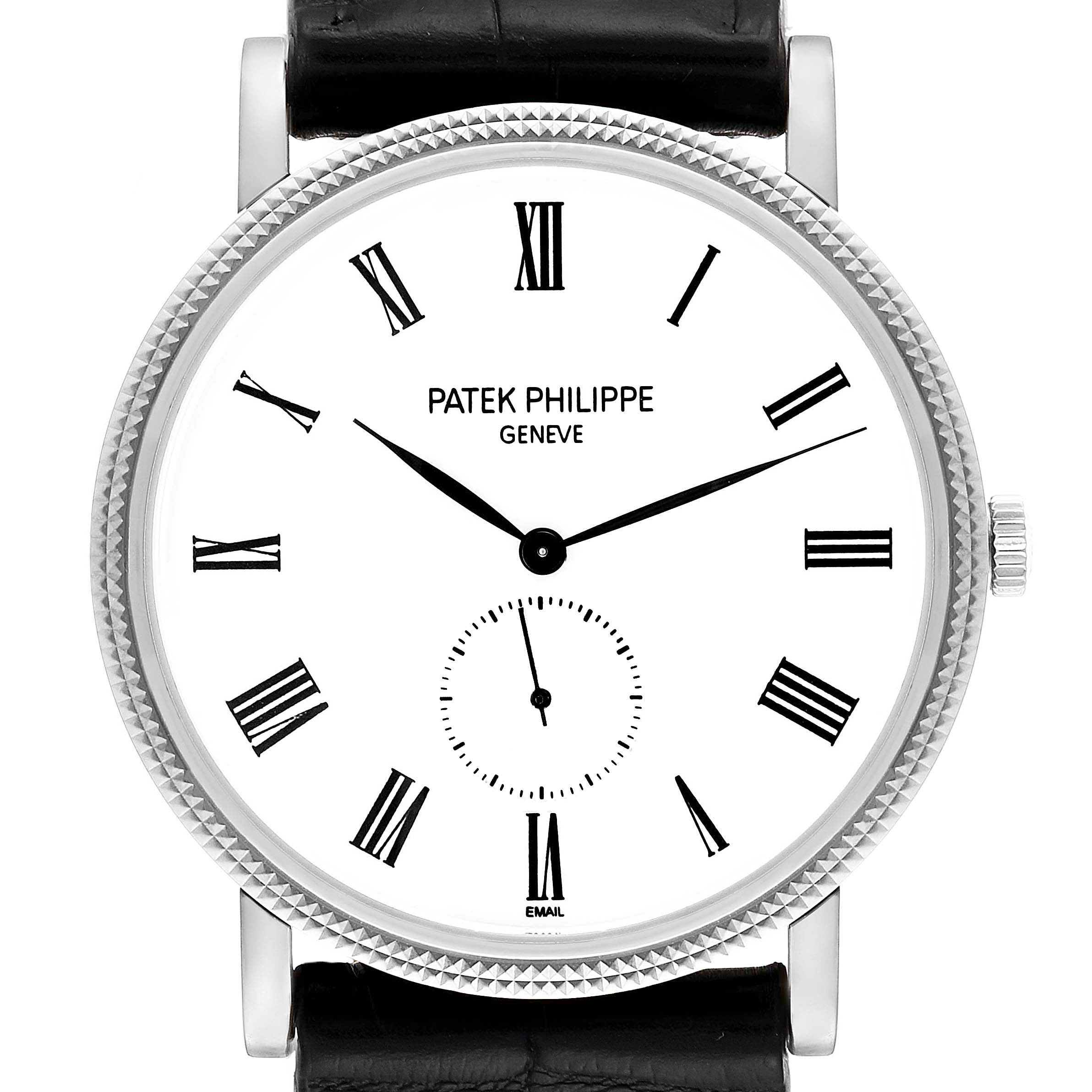 This image shows a front view of the Patek Philippe Calatrava 5116G Men
s White Gold White Dial 5116G Men
s White Gold White Dial watch face with Roman numerals and black leather strap.
