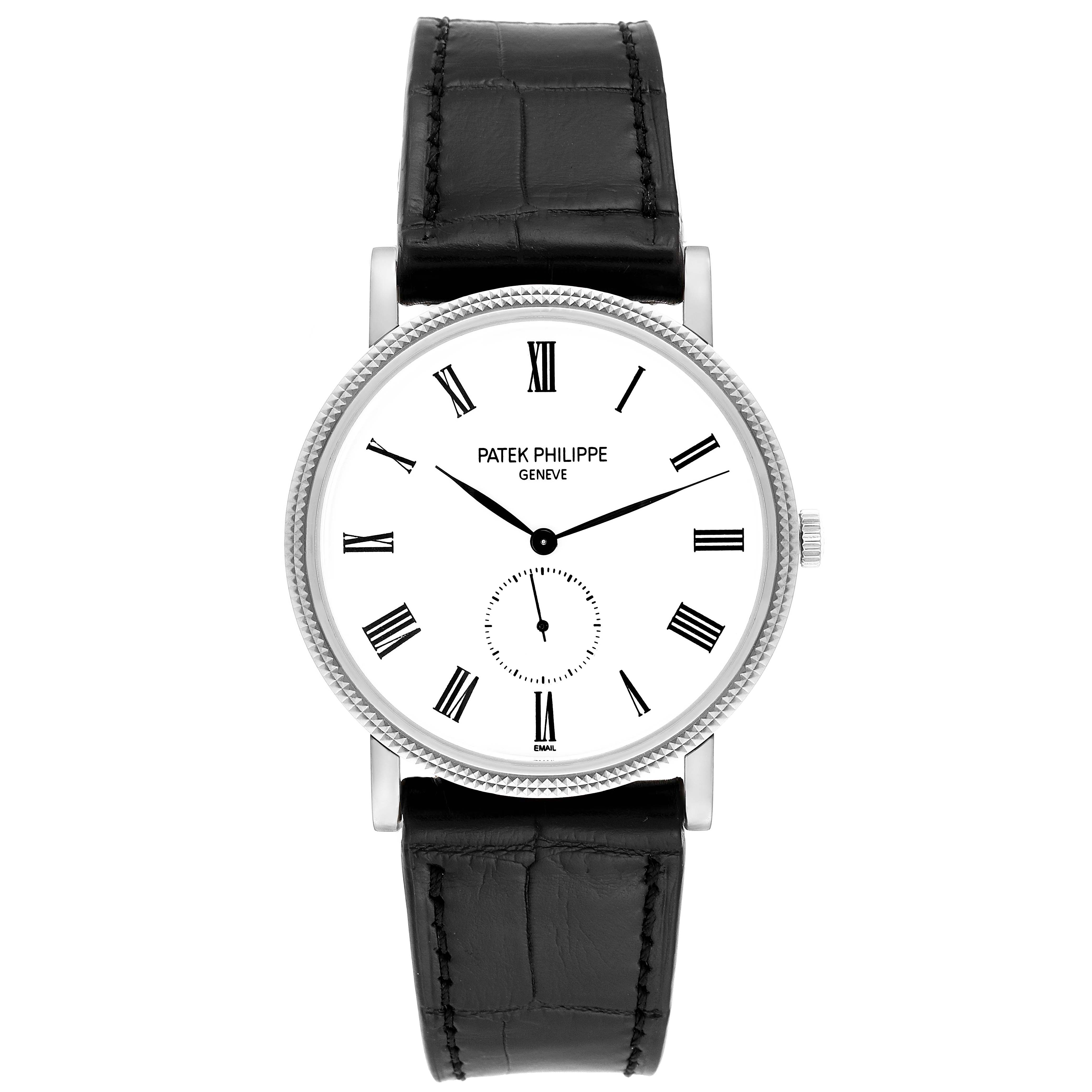 This image shows a front view of the Patek Philippe Calatrava 5116G Men
s White Gold White Dial 5116G Men
s White Gold White Dial watch, featuring a black leather strap and white dial with Roman numerals.