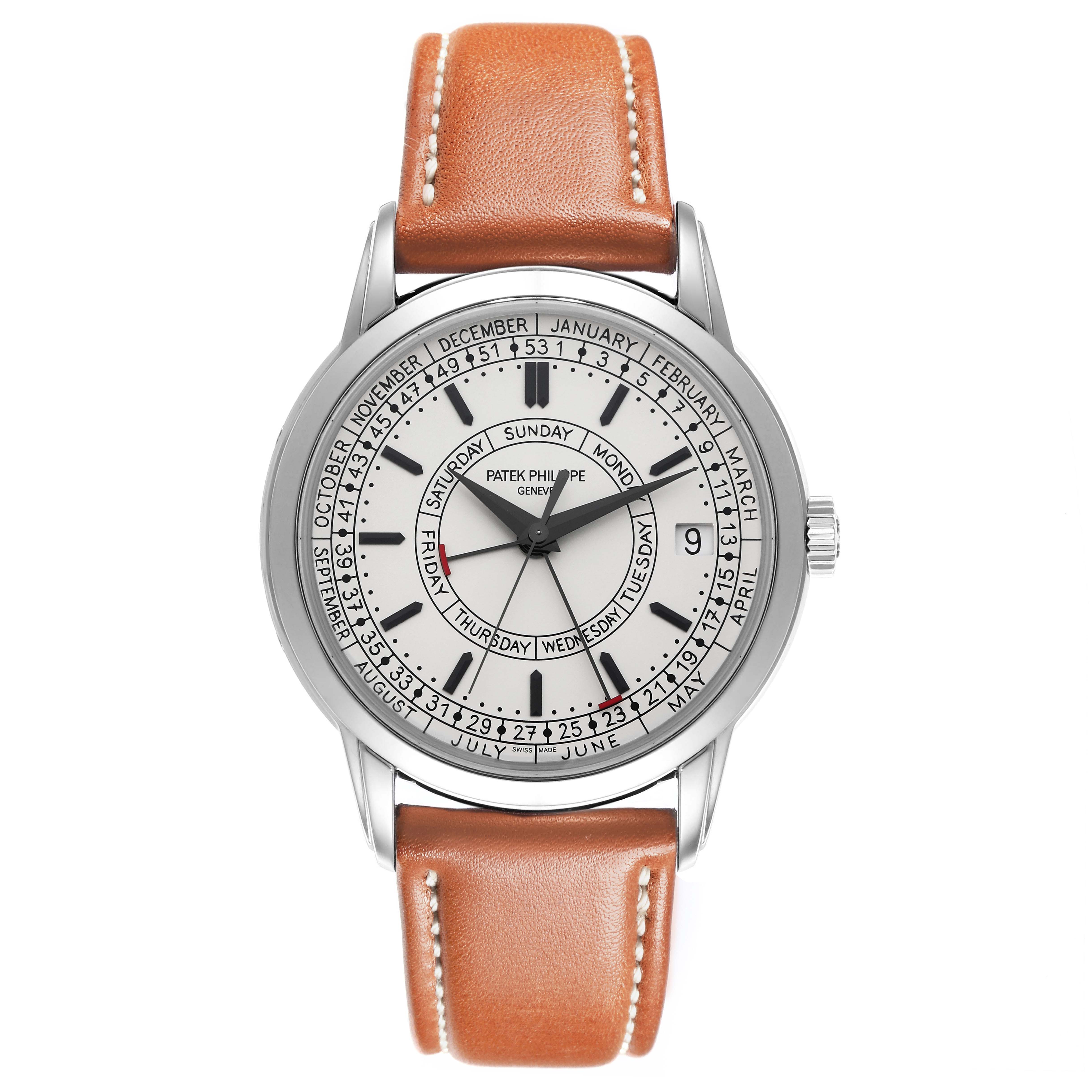 The watch, a Patek Philippe Complications 5212A-001 Men's Stainless Steel Silver Dial 5212A-001 Men's Stainless Steel Silver Dial model, is shown from a top view, highlighting the dial and leather strap.