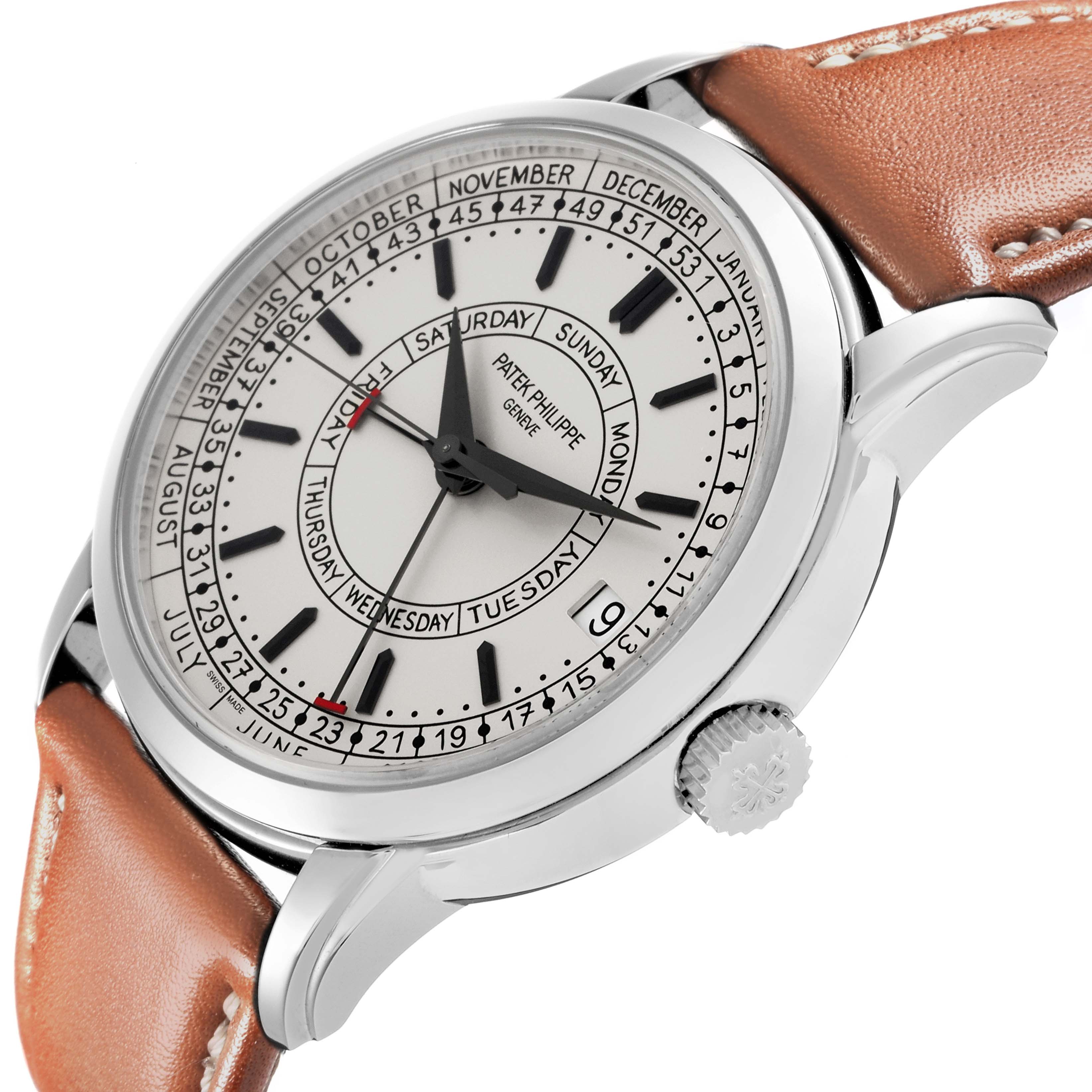 The Patek Philippe Complications 5212A-001 Men's Stainless Steel Silver Dial 5212A-001 Men's Stainless Steel Silver Dial watch is shown at a slight angle, highlighting the dial, bezel, crown, and leather strap.