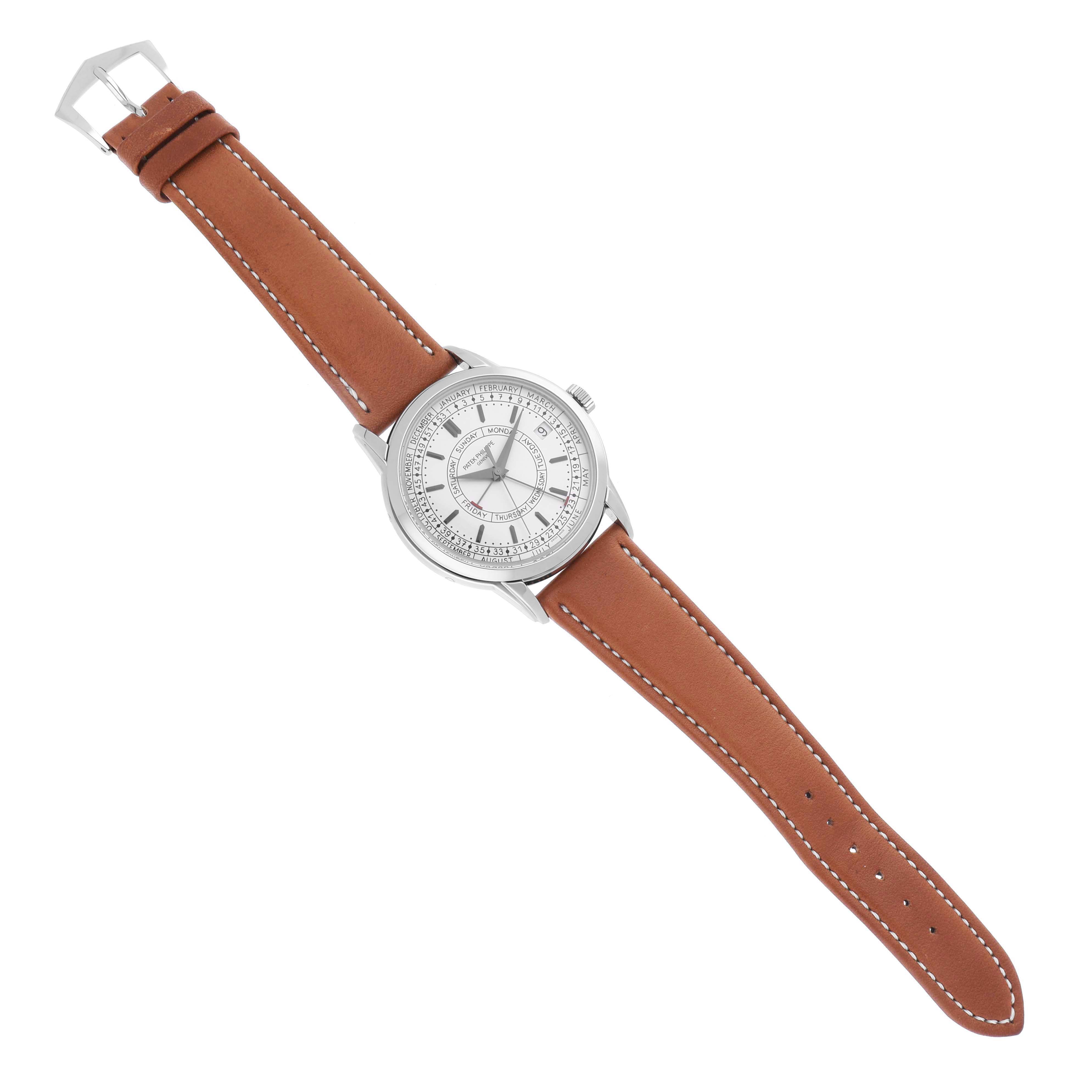 The Patek Philippe Complications 5212A-001 Men's Stainless Steel Silver Dial 5212A-001 Men's Stainless Steel Silver Dial watch is shown from a top-down angle, featuring the case, dial, and leather strap.