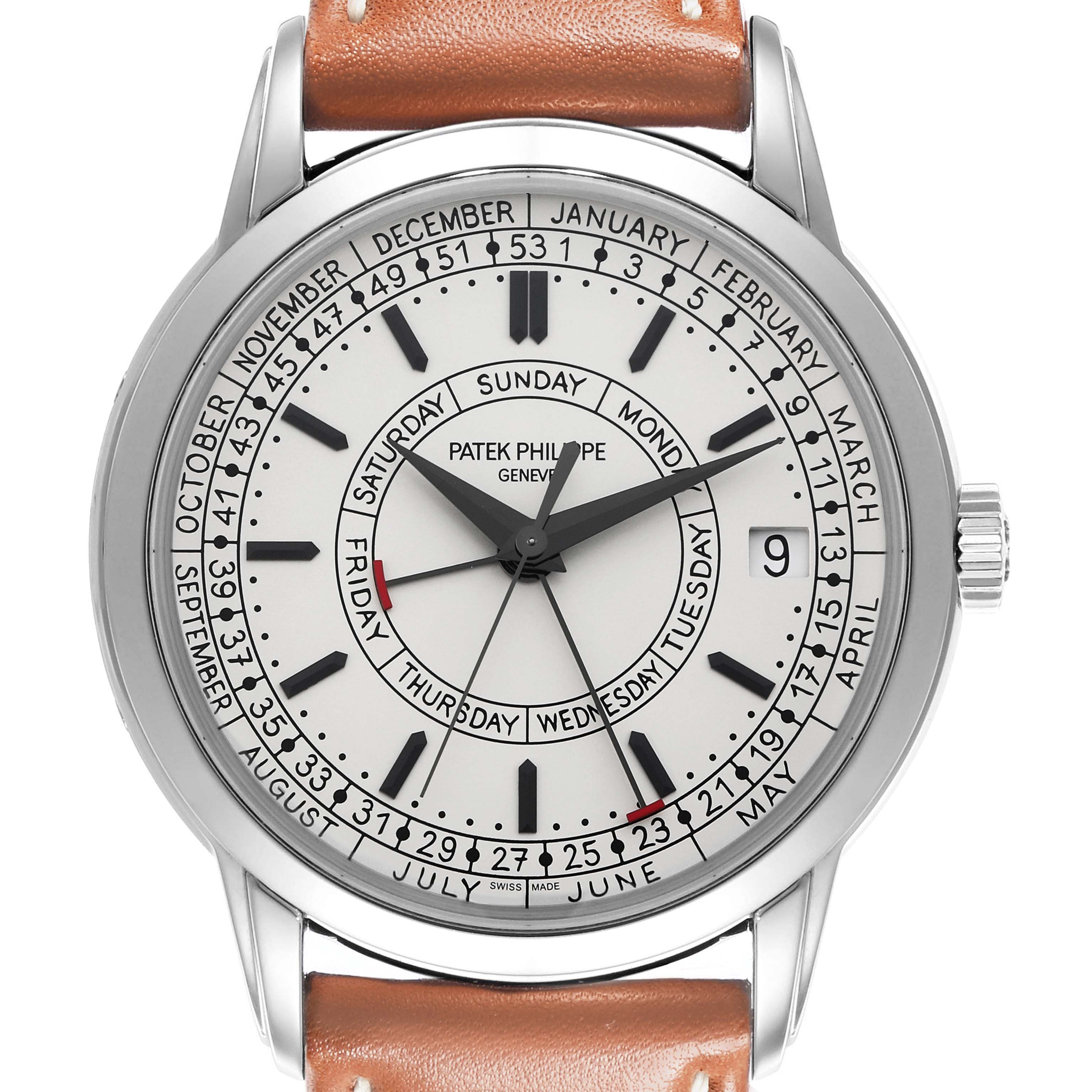 The Patek Philippe Complications 5212A-001 Men's Stainless Steel Silver Dial 5212A-001 Men's Stainless Steel Silver Dial watch is shown front-facing, displaying the dial, hands, and date indicators.