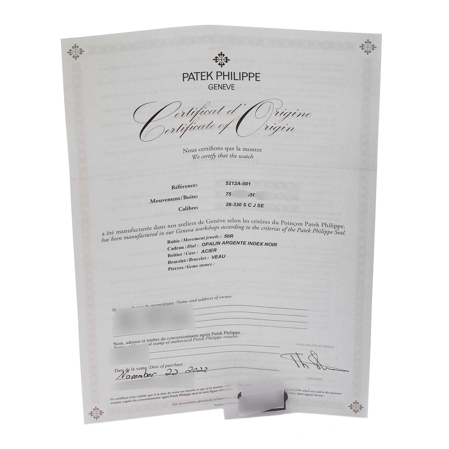 The image shows a Certificate of Origin for a Patek Philippe Complications 5212A-001 Men's Stainless Steel Silver Dial 5212A-001 Men's Stainless Steel Silver Dial watch, detailing specifications and purchase information.