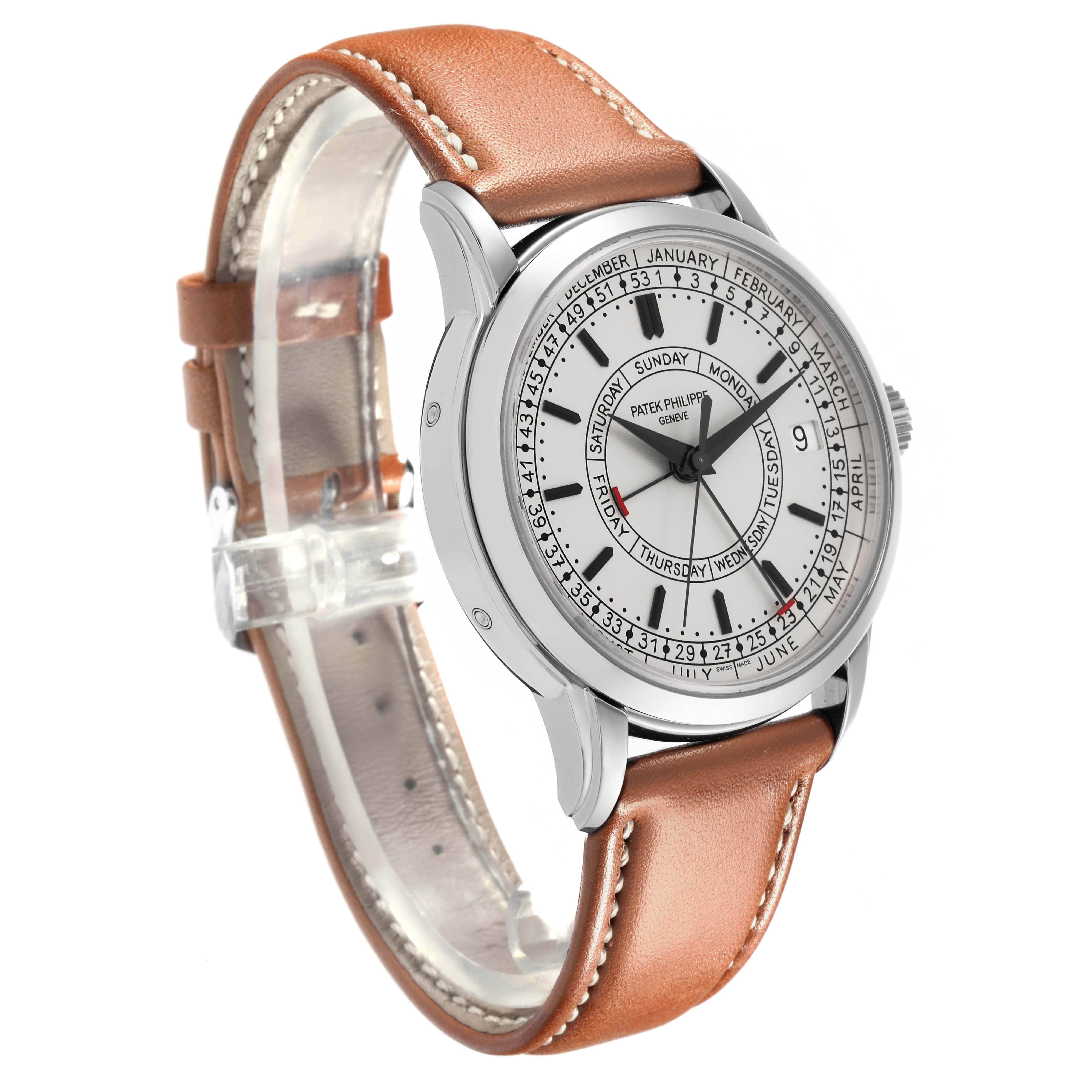 The Patek Philippe Complications 5212A-001 Men's Stainless Steel Silver Dial 5212A-001 Men's Stainless Steel Silver Dial watch is shown at a three-quarter angle, highlighting its face, casing, and leather strap.