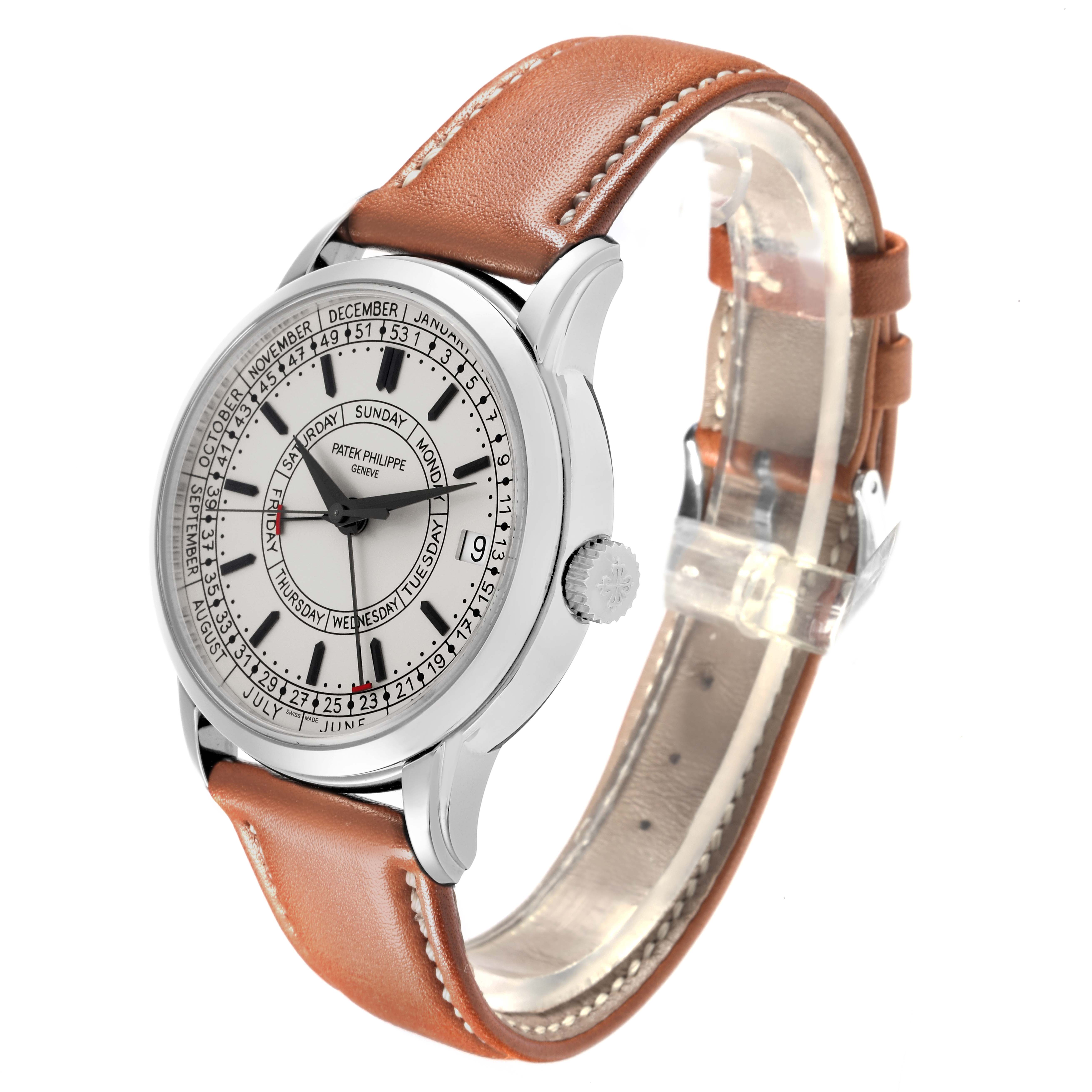 The Patek Philippe Complications 5212A-001 Men's Stainless Steel Silver Dial 5212A-001 Men's Stainless Steel Silver Dial watch is shown at an angled side view, highlighting the dial, bezel, crown, and leather strap.