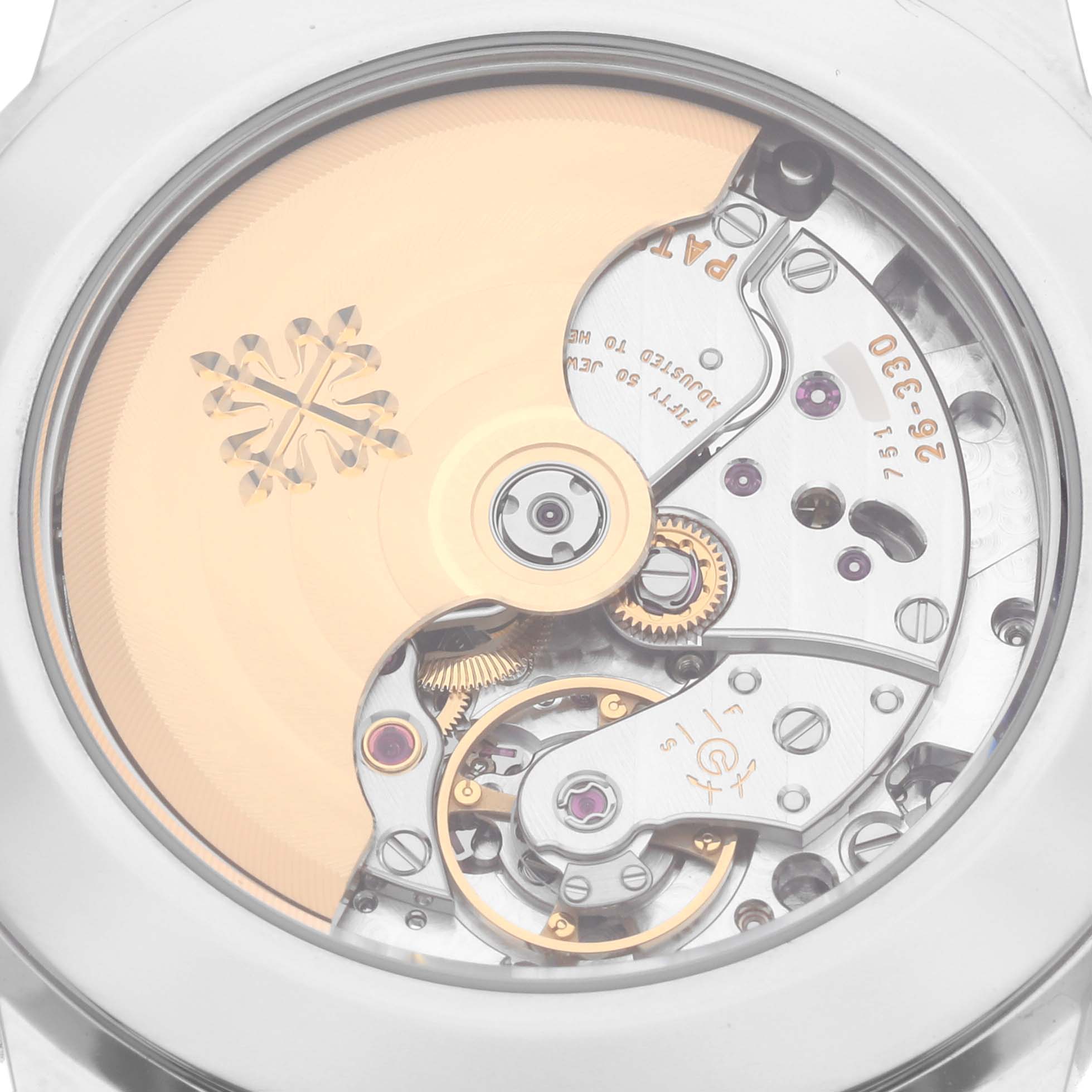 The image shows the back view of a Patek Philippe Complications 5212A-001 Men's Stainless Steel Silver Dial 5212A-001 Men's Stainless Steel Silver Dial watch, highlighting its movement and rotor.