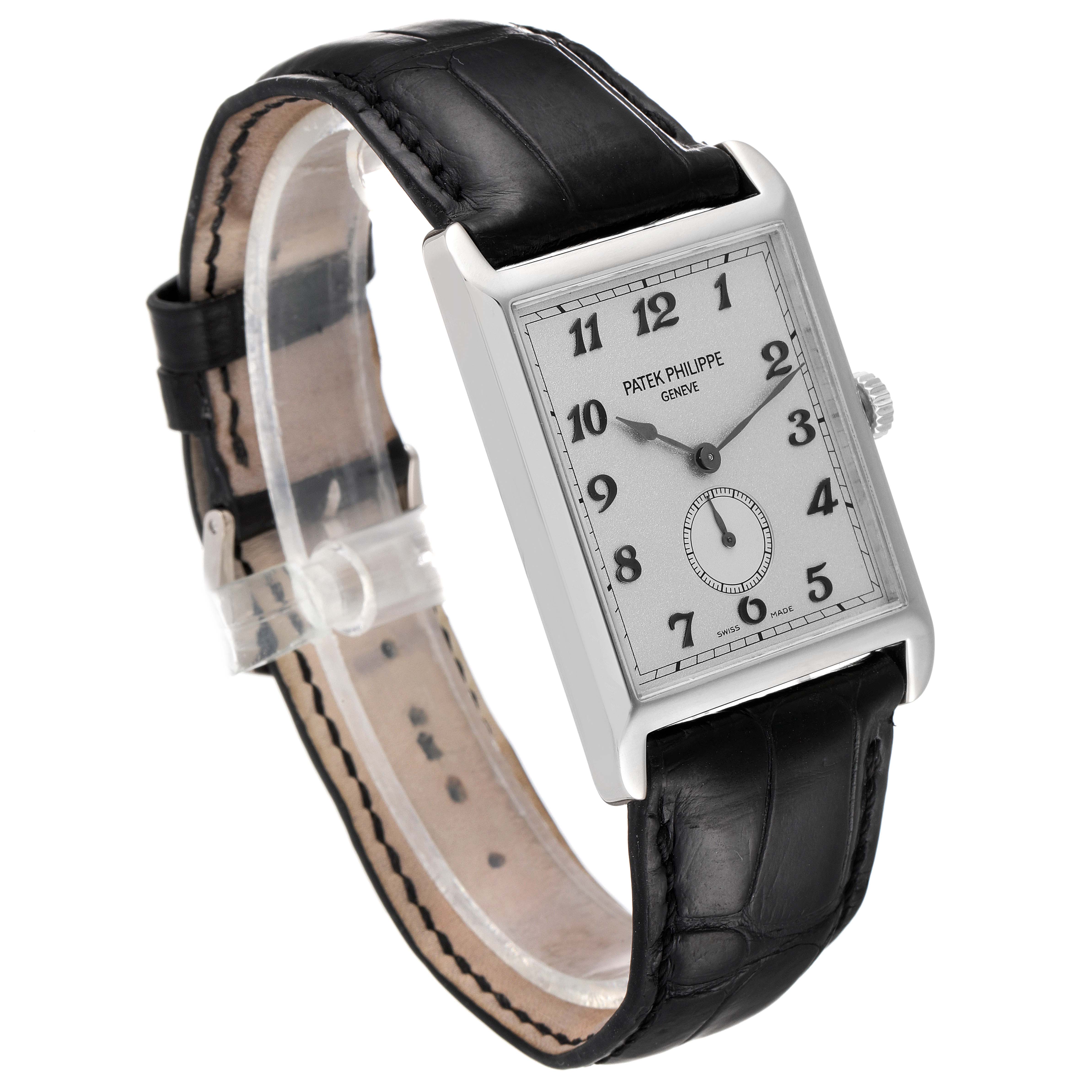 The image shows a Patek Philippe Gondolo 5109G Men's White Gold Silver Dial 5109G Men's White Gold Silver Dial watch at a three-quarter angle, revealing its rectangular face, black leather strap, and side crown.