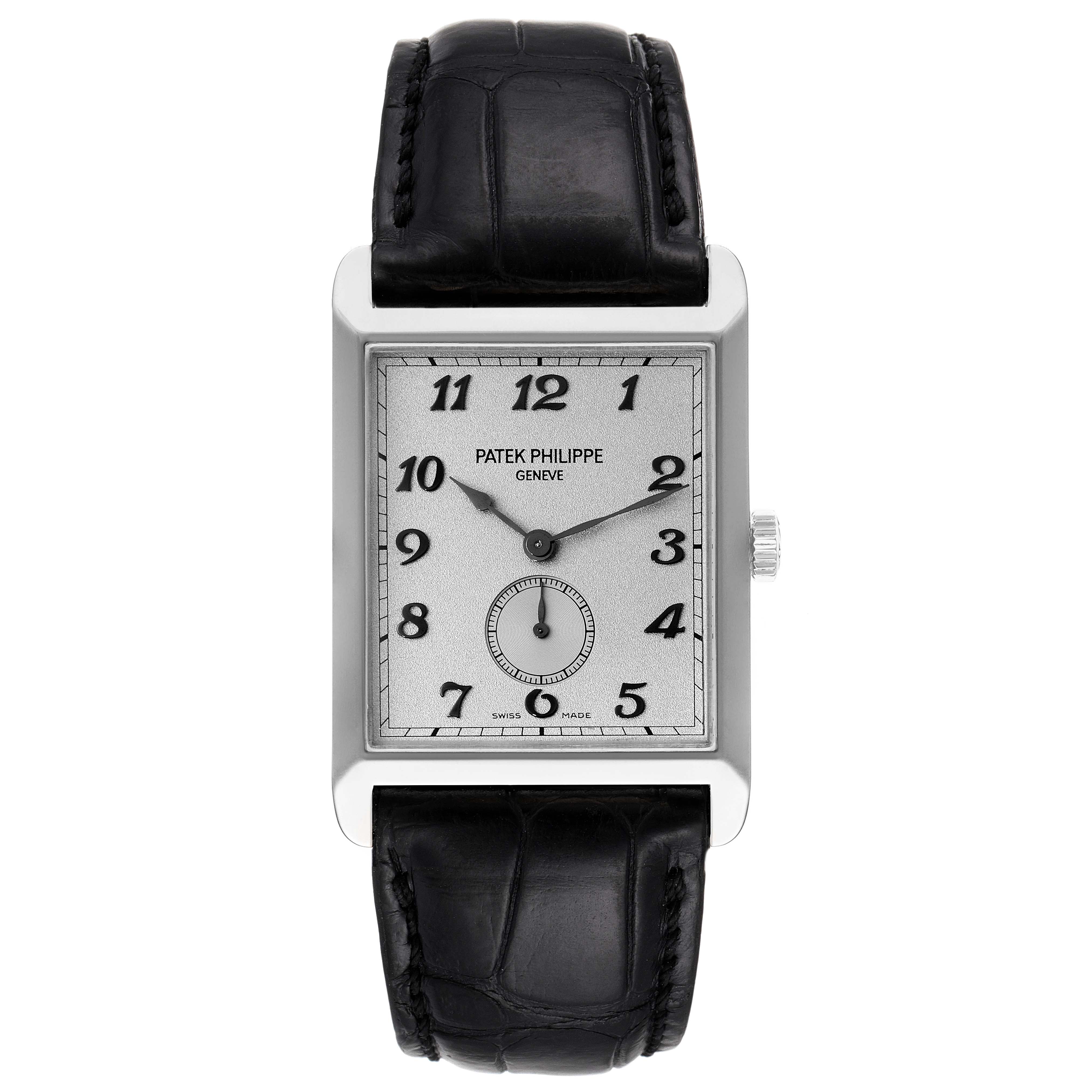 The image shows a front view of a Patek Philippe Gondolo 5109G Men's White Gold Silver Dial 5109G Men's White Gold Silver Dial watch, displaying its rectangular face, black numerals, and leather strap.