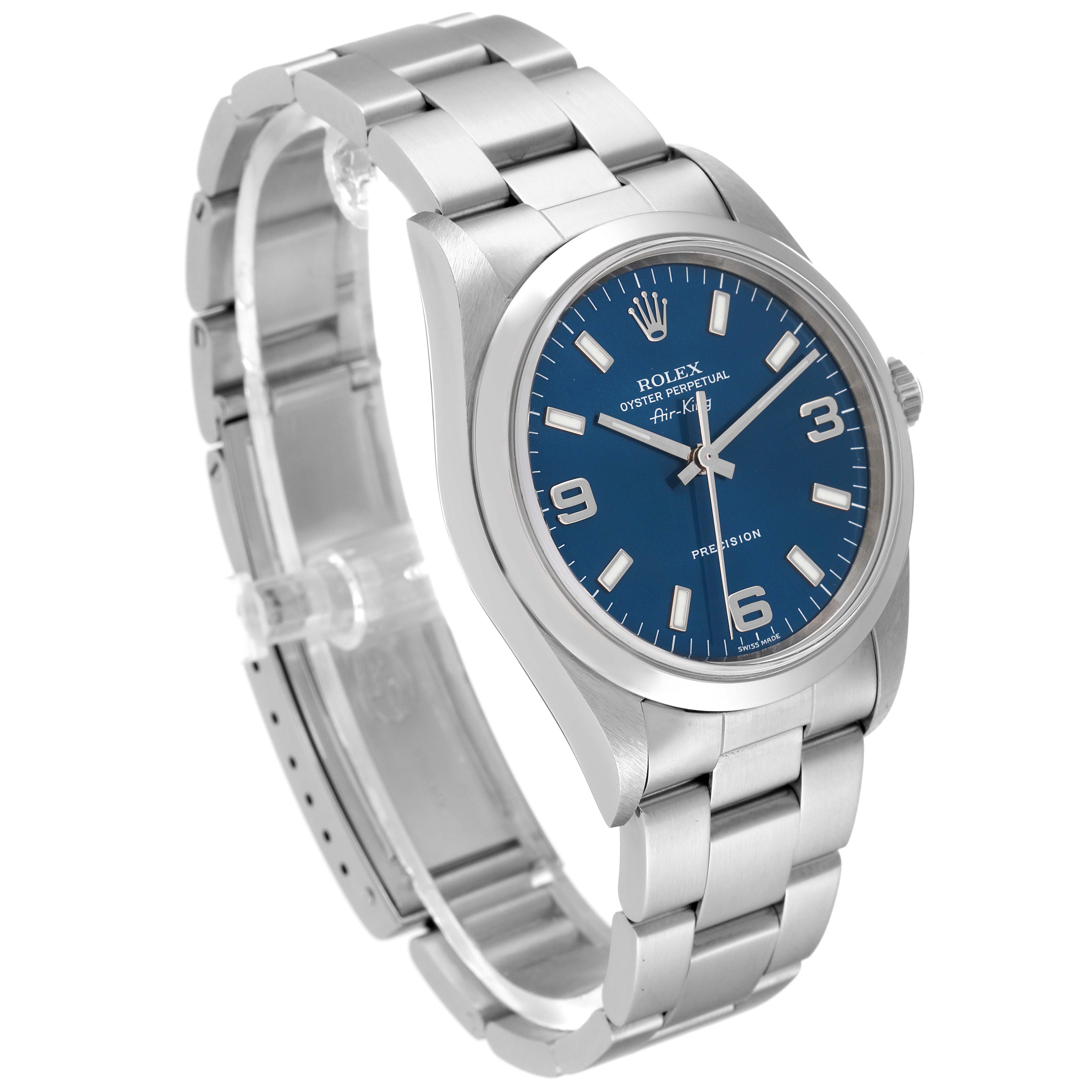This Rolex Air-King 14000M Men's Stainless Steel Blue Dial 14000M Men's Stainless Steel Blue Dial watch is shown at a three-quarter angle, displaying the face, steel bracelet, and clasp in detail.