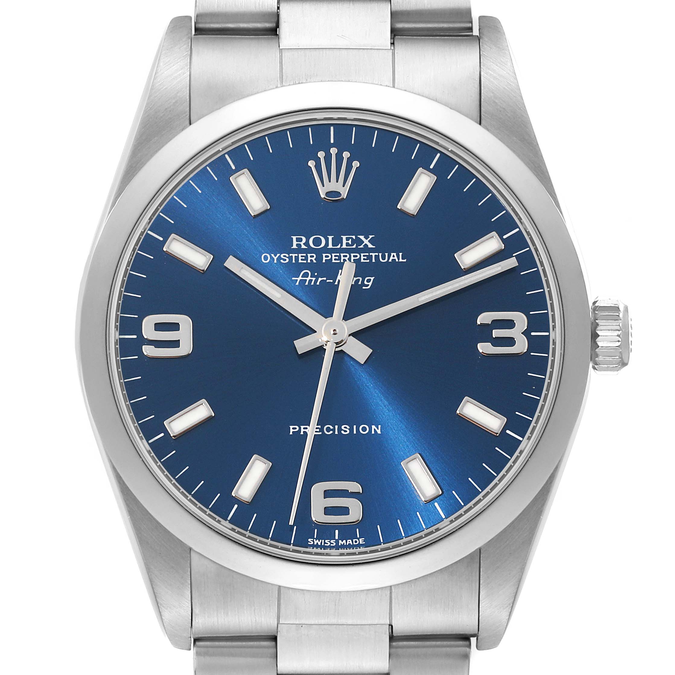 The image shows a front view of a Rolex Air-King 14000M Men's Stainless Steel Blue Dial 14000M Men's Stainless Steel Blue Dial watch, displaying its blue dial, crown, and stainless steel bracelet.