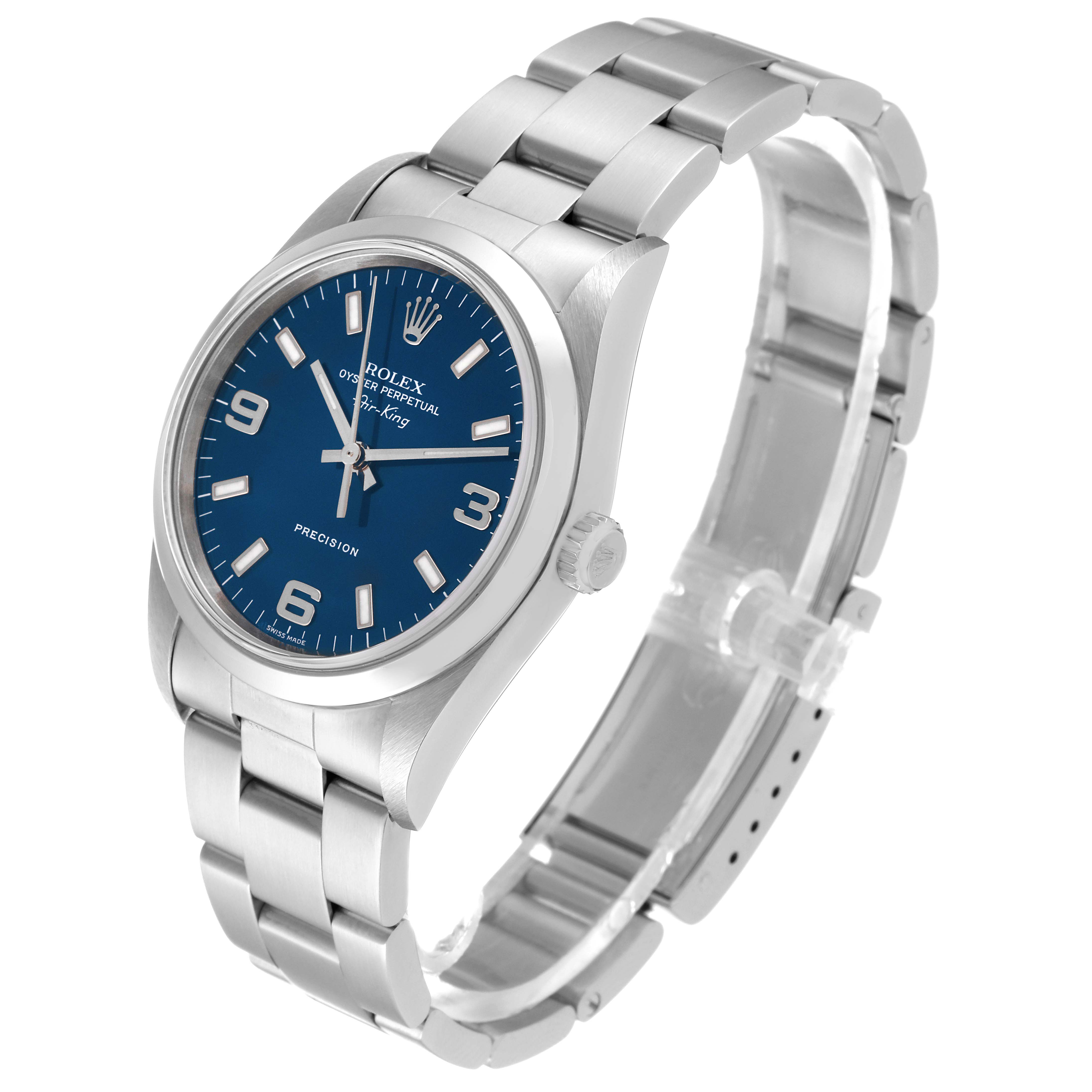 The Rolex Air-King 14000M Men's Stainless Steel Blue Dial 14000M Men's Stainless Steel Blue Dial watch is shown at an angled view, highlighting its blue dial, stainless steel case, and bracelet.