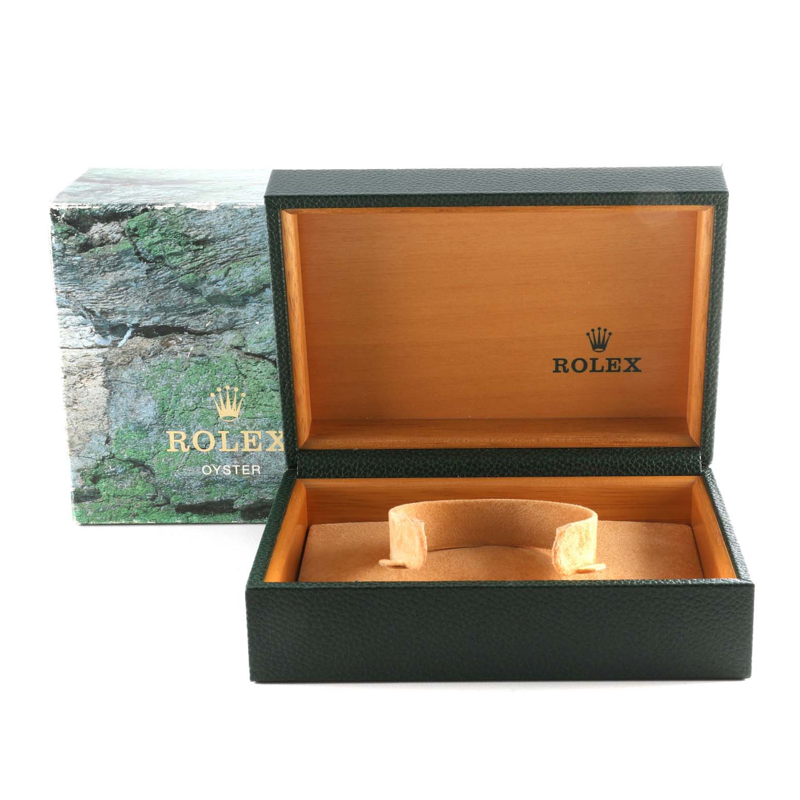 The image shows an open box for the Rolex Air-King 14000M Men's Stainless Steel Blue Dial 14000M Men's Stainless Steel Blue Dial watch, displaying the interior wooden compartment and padded holder.