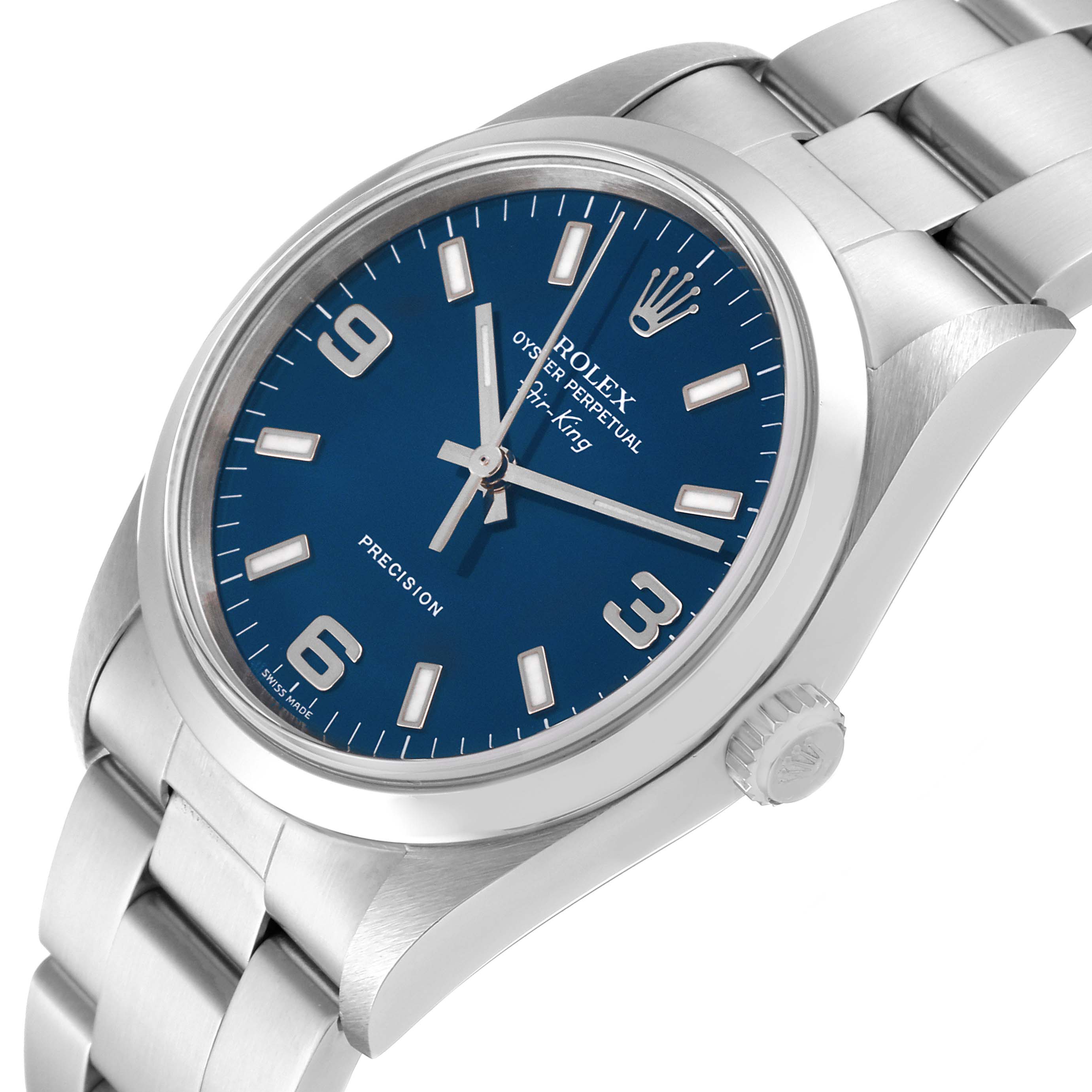 The Rolex Air-King 14000M Men's Stainless Steel Blue Dial 14000M Men's Stainless Steel Blue Dial watch is shown at an angled close-up, highlighting the blue face, crown, and stainless steel bracelet.