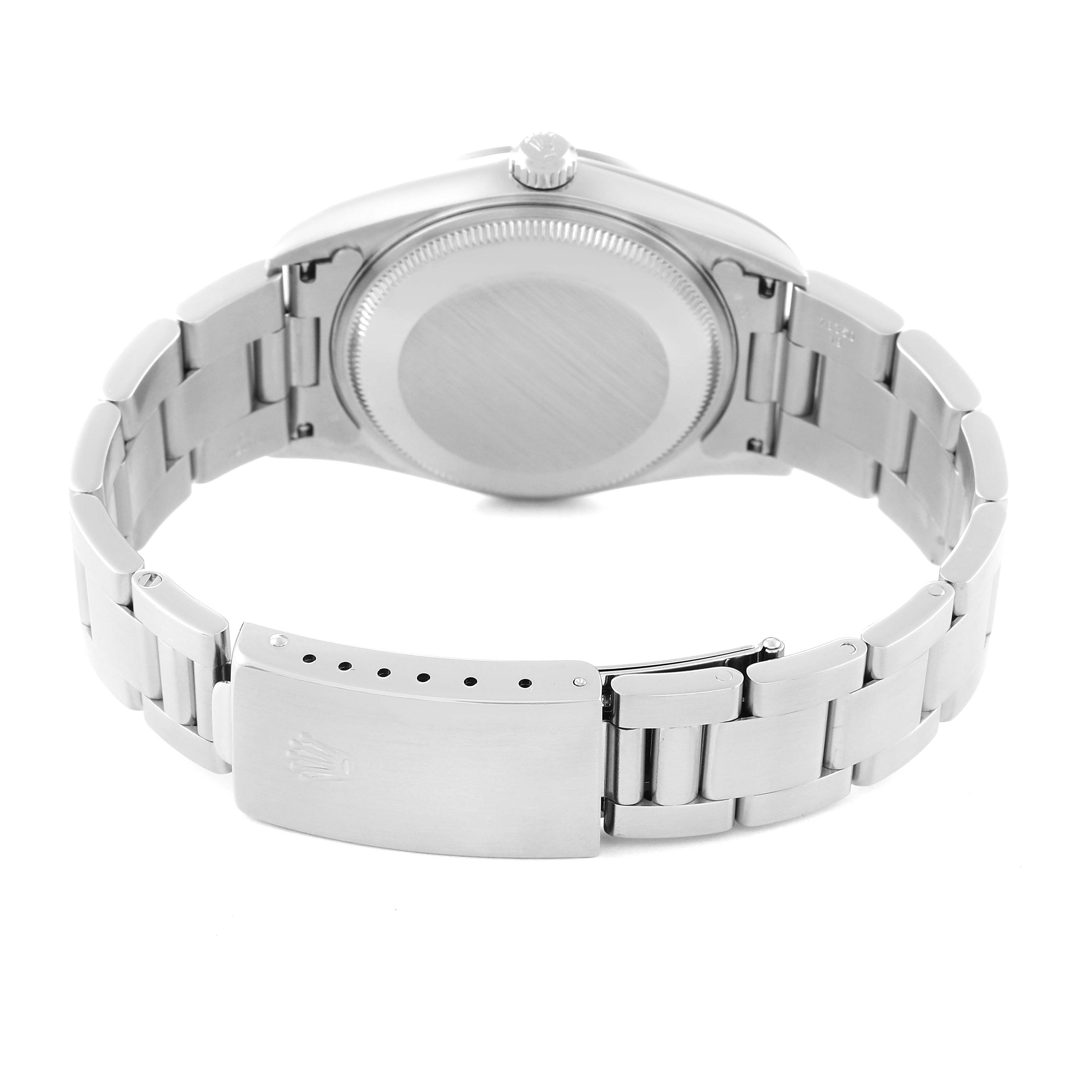 This image shows the back view of a Rolex Air-King 14000M Men's Stainless Steel Blue Dial 14000M Men's Stainless Steel Blue Dial watch, highlighting the bracelet and clasp.