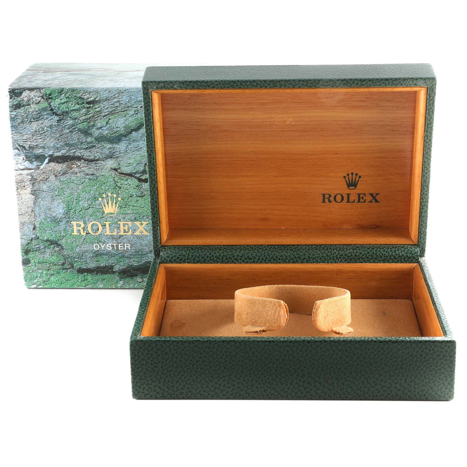 This image shows an open Rolex Air-King 14010 Men's Stainless Steel Black Dial 14010 Men's Stainless Steel Black Dial watch box from a front angle, displaying the interior and the outer packaging.