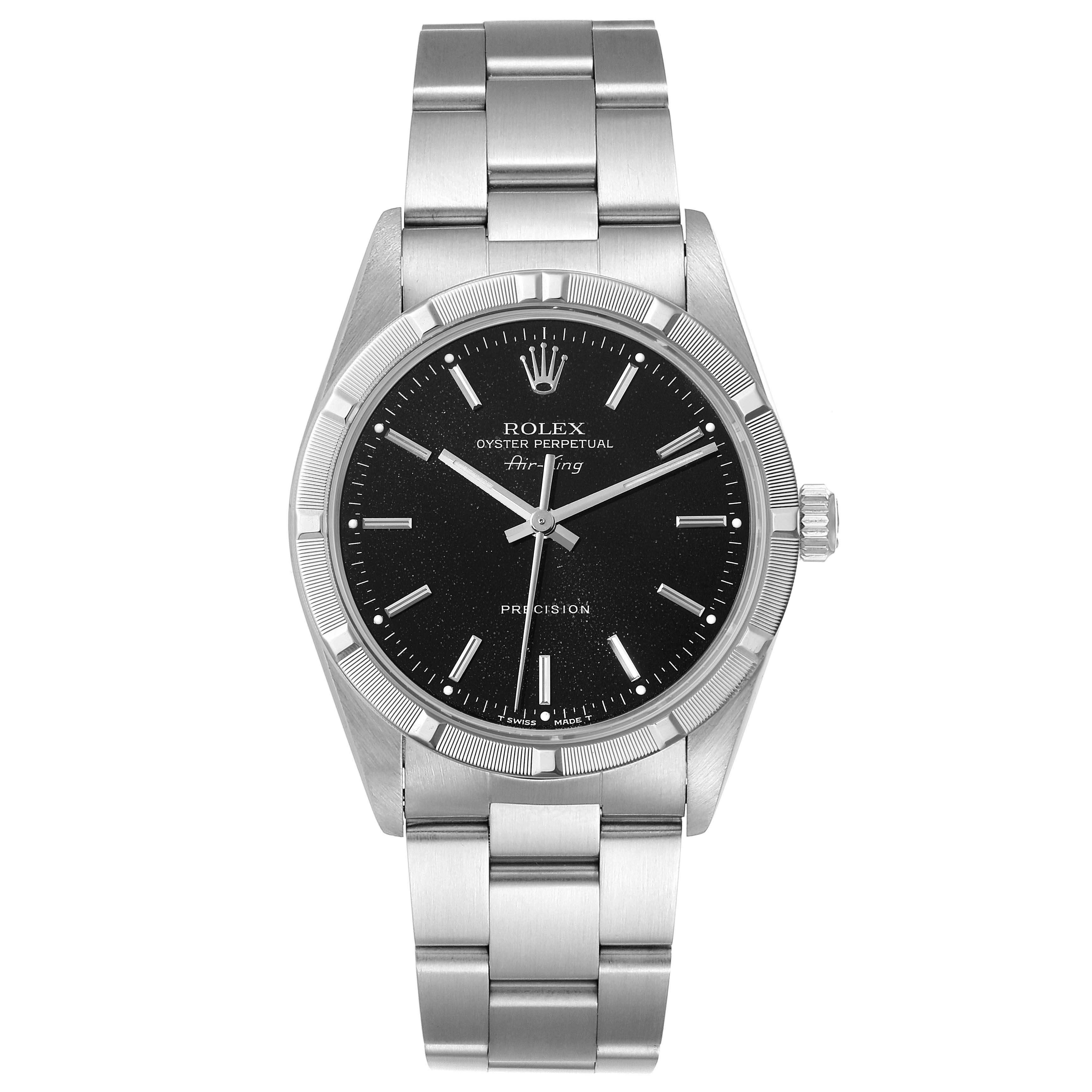 This image shows a frontal view of a Rolex Air-King 14010 Men's Stainless Steel Black Dial 14010 Men's Stainless Steel Black Dial watch, featuring its stainless steel band, black dial, and bezel.