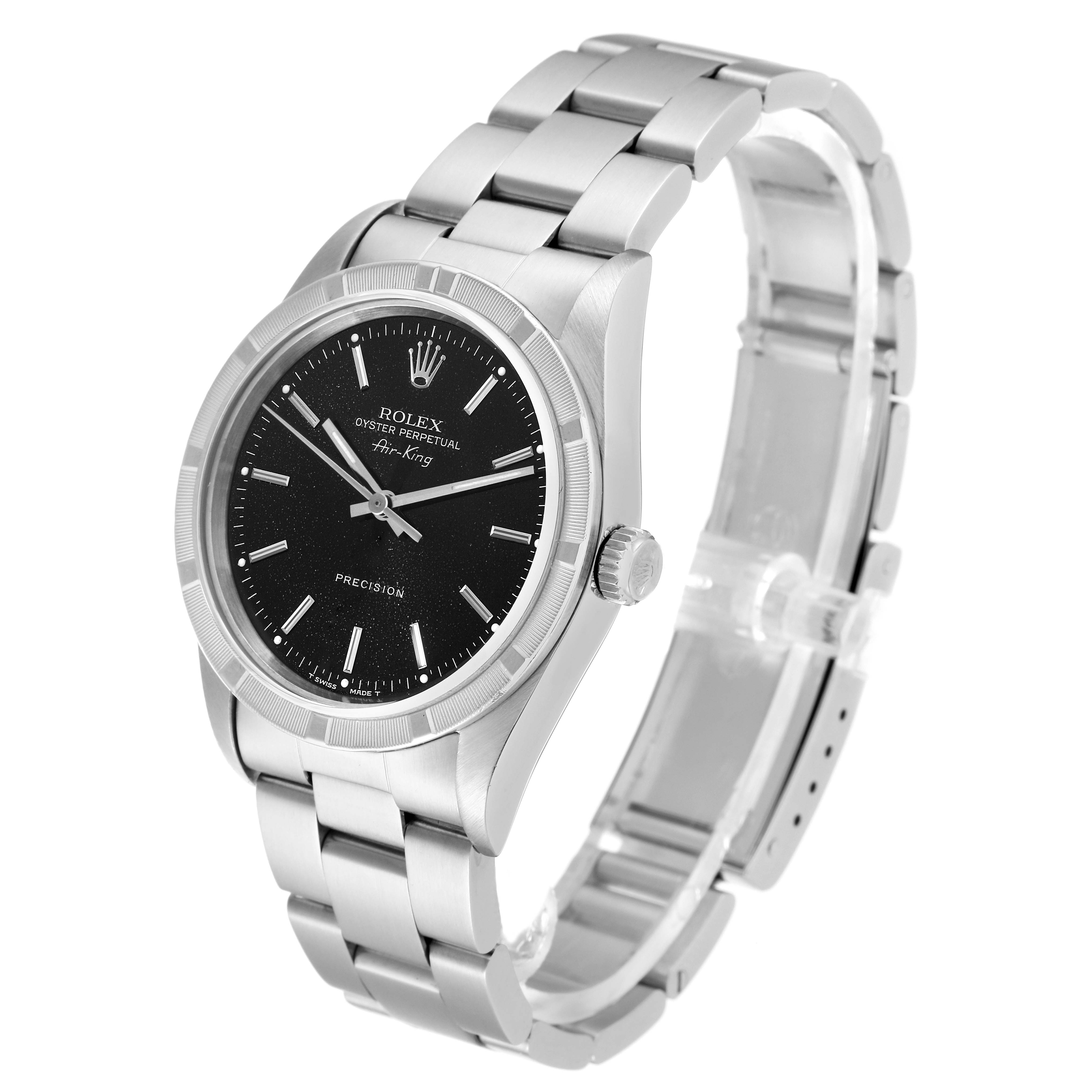 The image shows a Rolex Air-King 14010 Men's Stainless Steel Black Dial 14010 Men's Stainless Steel Black Dial watch angled slightly to the right, displaying its bracelet, dial, crown, and case.