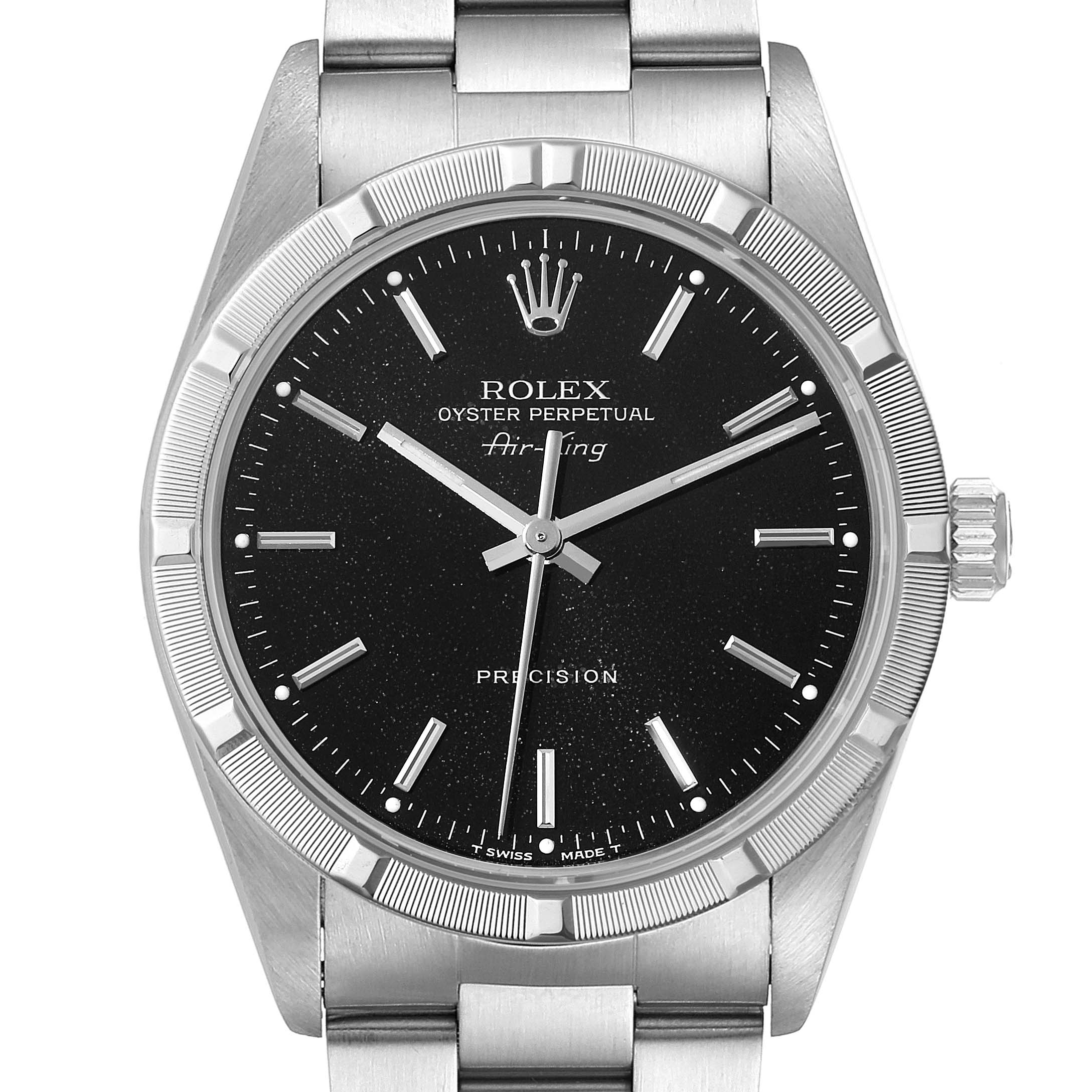 This image shows a frontal view of the Rolex Air-King 14010 Men's Stainless Steel Black Dial 14010 Men's Stainless Steel Black Dial watch, highlighting the dial, bezel, crown, and part of the bracelet.