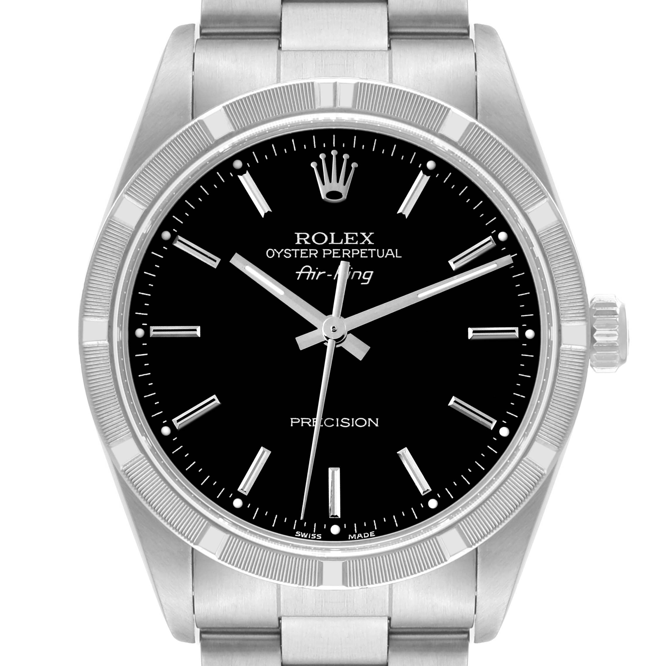 This image shows a frontal view of the Rolex Air-King 14010 Men's Stainless Steel Black Dial 14010 Men's Stainless Steel Black Dial watch, highlighting its black dial, crown, and stainless steel bracelet.