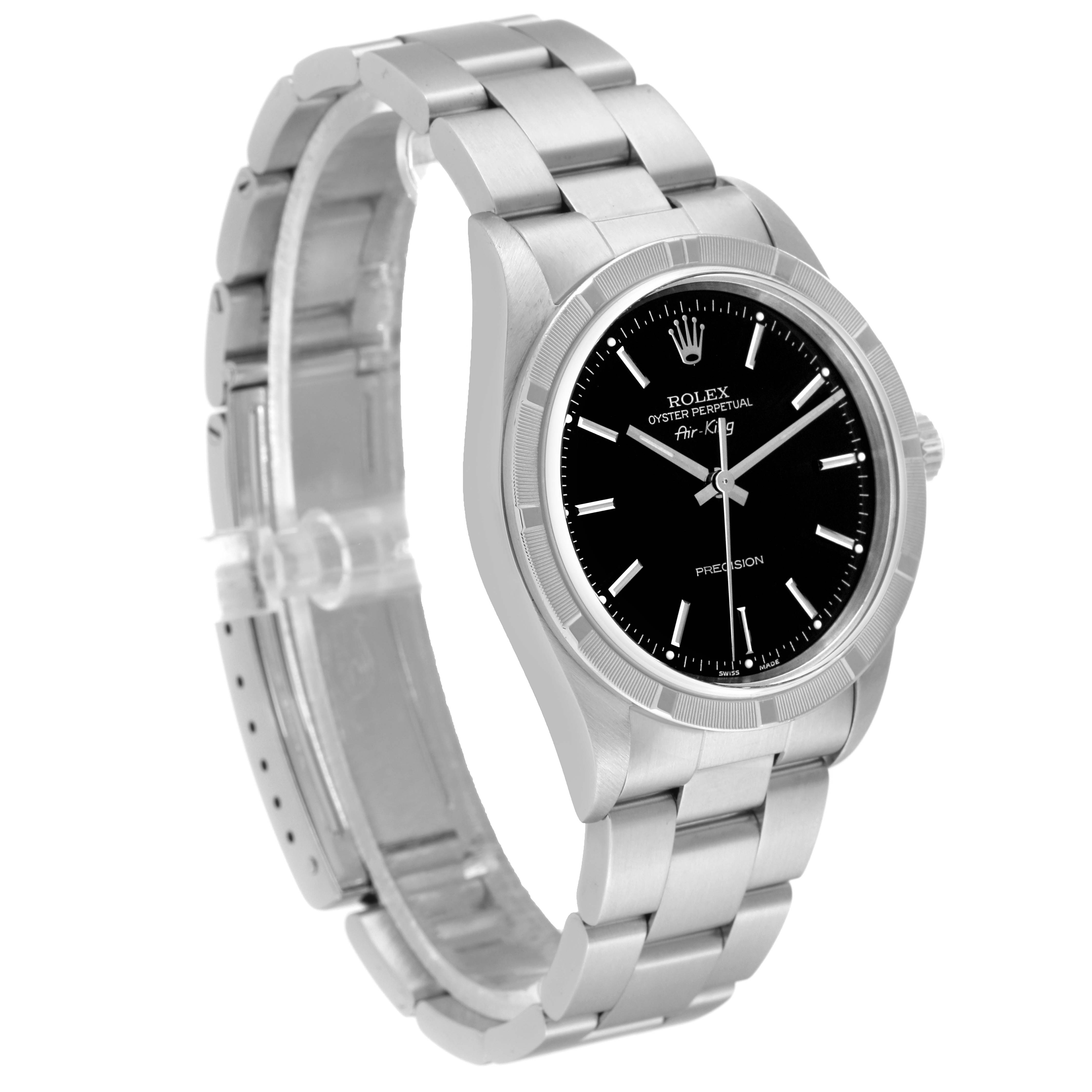 The image shows a side-angled view of a Rolex Air-King 14010 Men's Stainless Steel Black Dial 14010 Men's Stainless Steel Black Dial watch, displaying its stainless steel band and black dial.