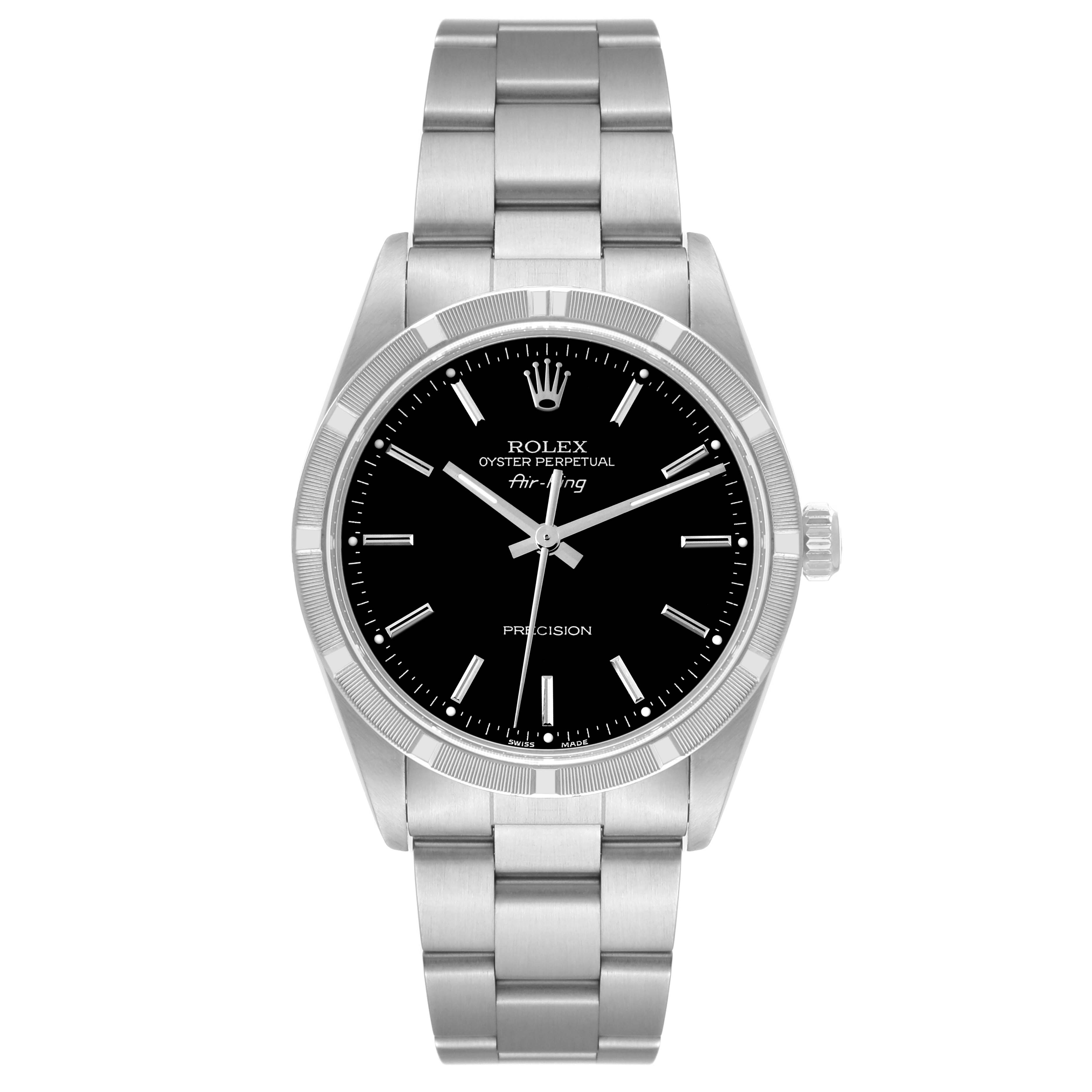 The image shows a front view of a Rolex Air-King 14010 Men's Stainless Steel Black Dial 14010 Men's Stainless Steel Black Dial watch, highlighting its black dial, silver markers, and stainless steel bracelet.