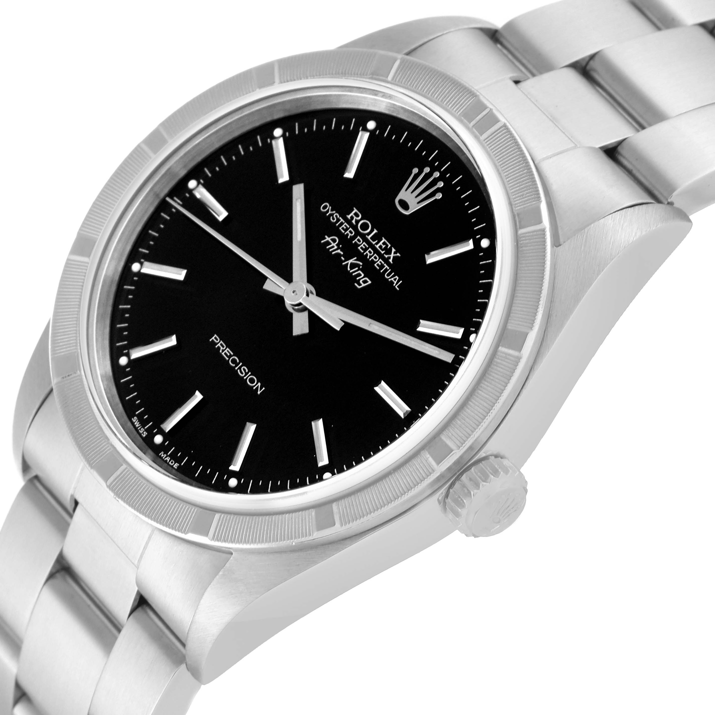 The image shows a close-up angled view of the Rolex Air-King 14010 Men's Stainless Steel Black Dial 14010 Men's Stainless Steel Black Dial watch, highlighting the face, bezel, crown, and part of the bracelet.