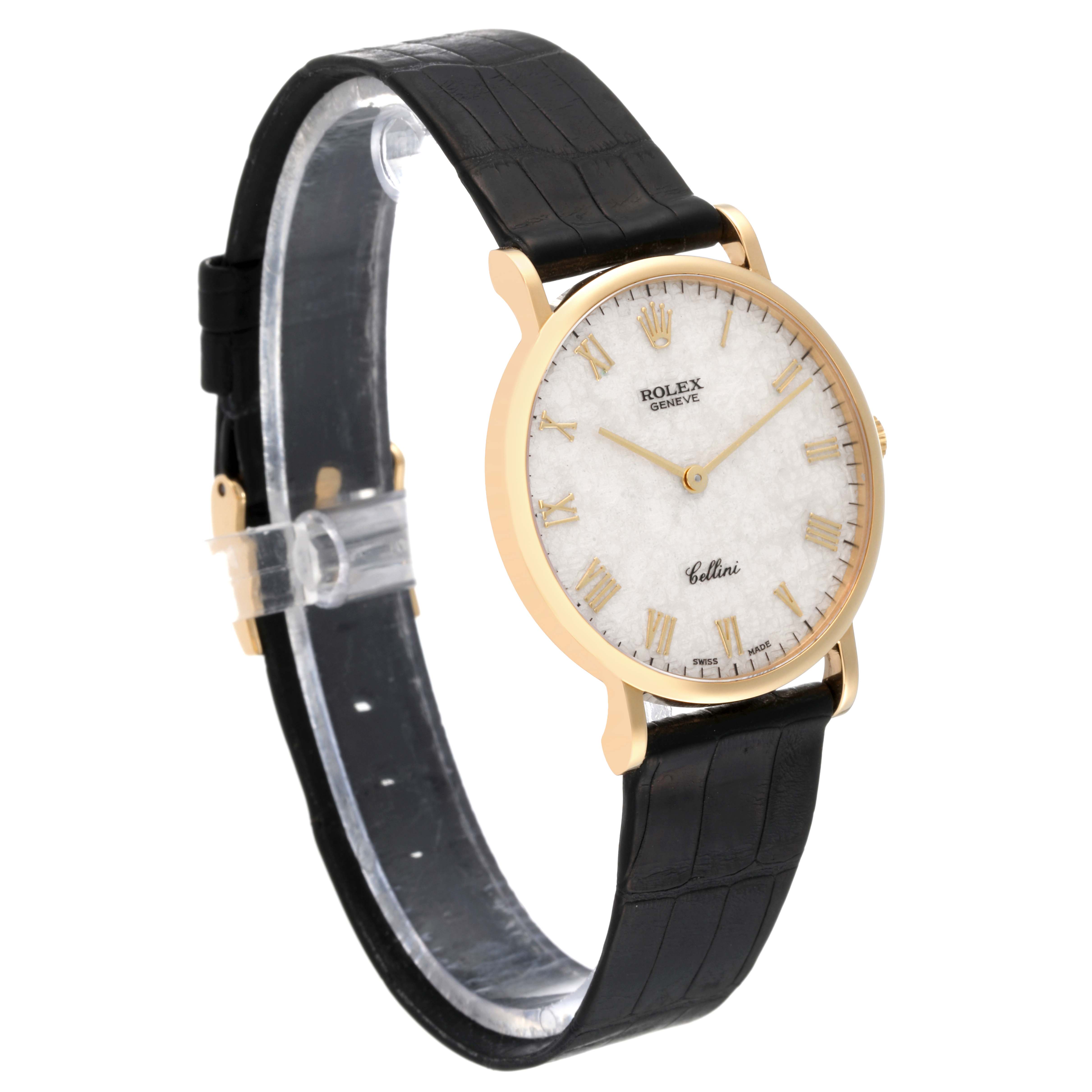 This Rolex Cellini 5112 Men's Yellow Gold White Dial 5112 Men's Yellow Gold White Dial watch is shown in a side angle, displaying its black leather strap and gold case with a white dial.