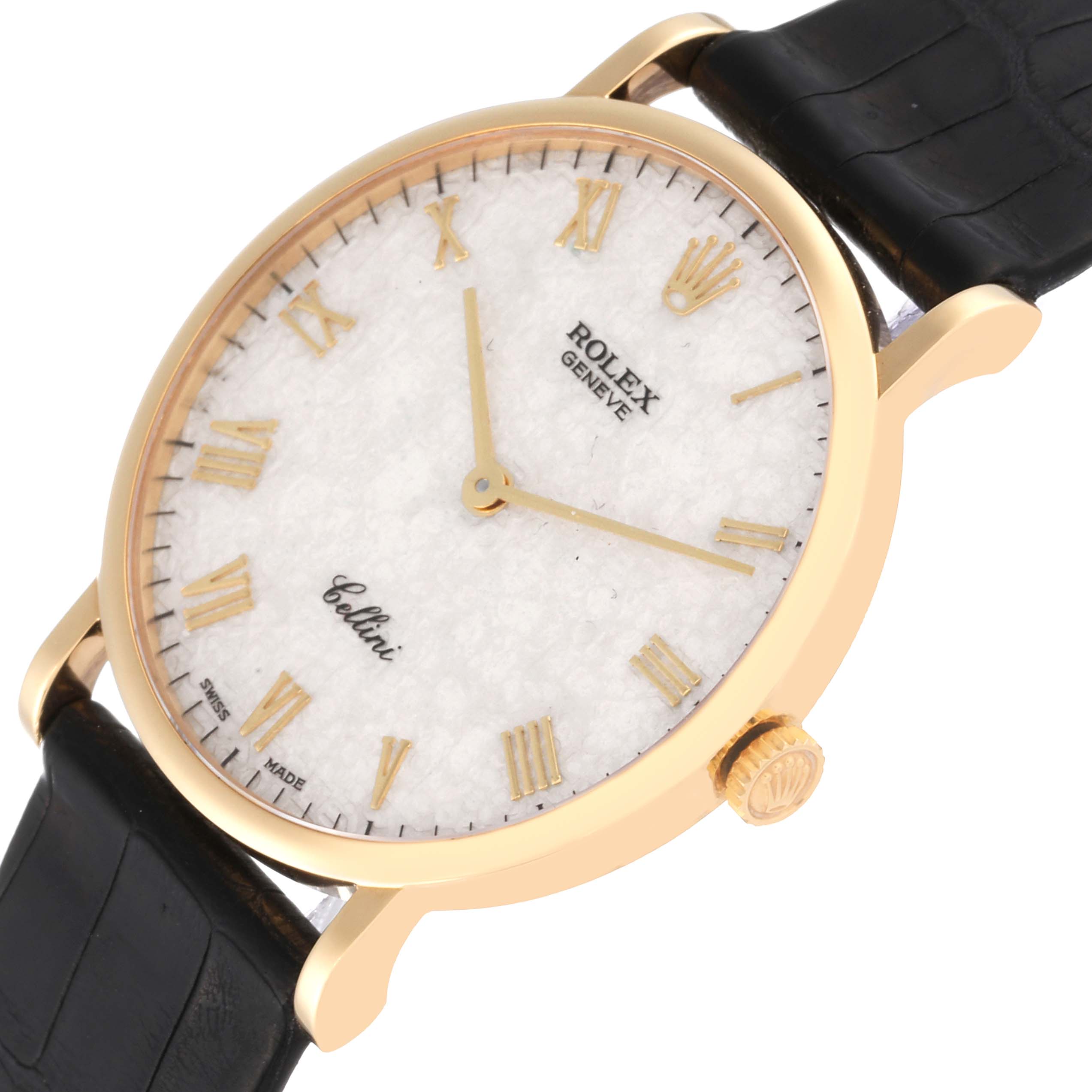 This image shows the Rolex Cellini 5112 Men's Yellow Gold White Dial 5112 Men's Yellow Gold White Dial watch from an angled front view, highlighting the face, crown, and part of the strap.