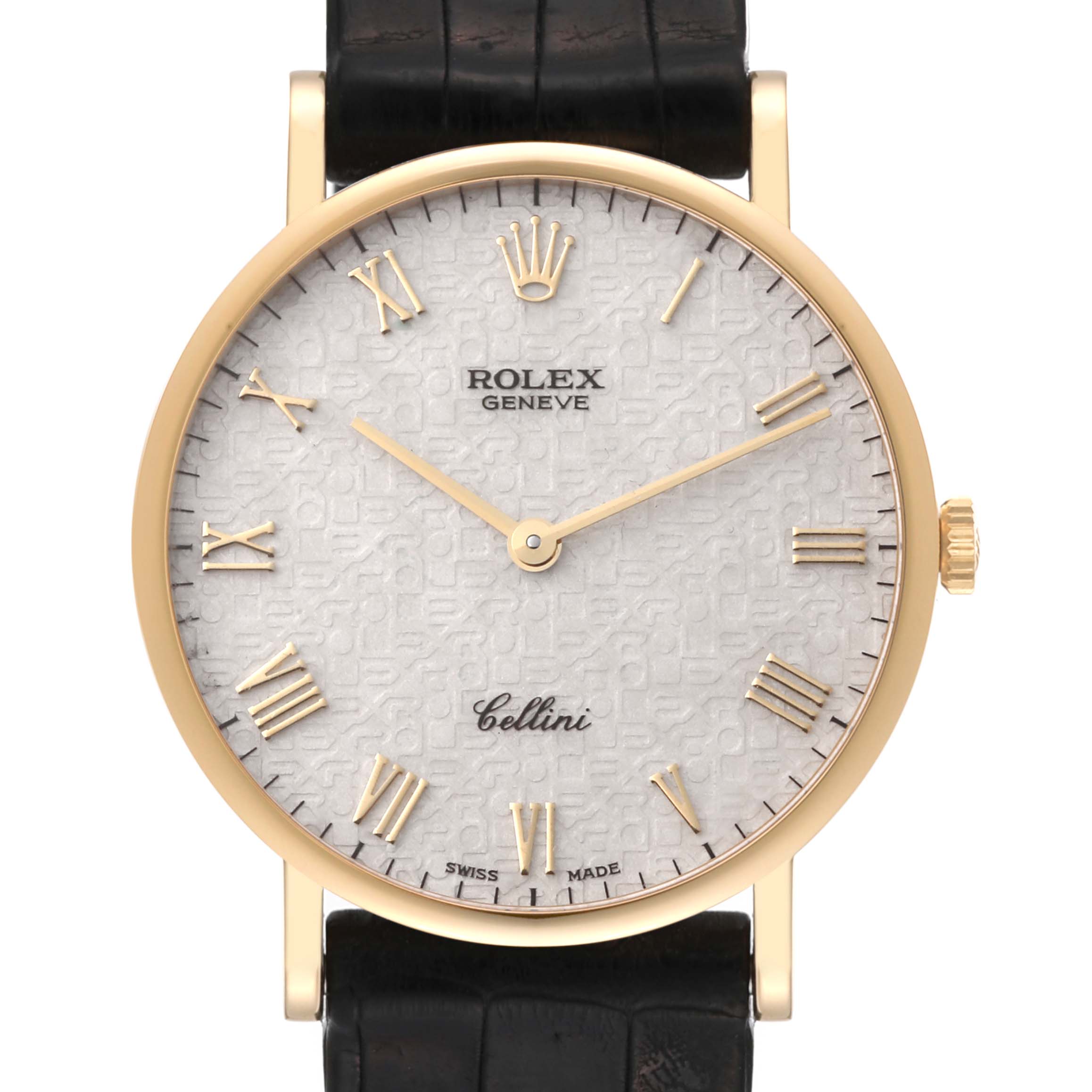 This image shows a front view of the Rolex Cellini 5112 Men's Yellow Gold White Dial 5112 Men's Yellow Gold White Dial watch, highlighting the dial, Roman numerals, and the crown.