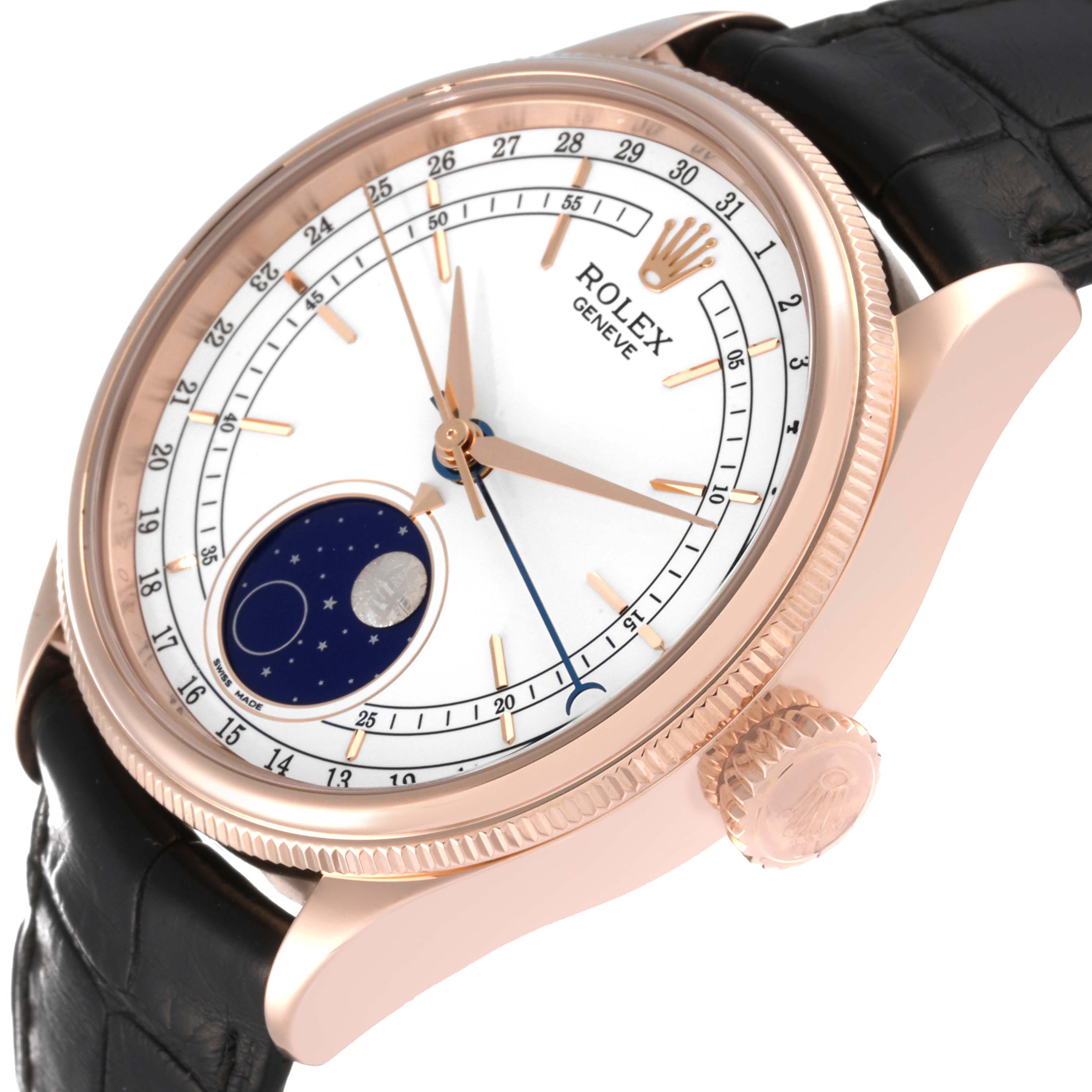 The image shows a close-up angle of a Rolex Cellini 50535 Men's Rose Gold White Dial 50535 Men's Rose Gold White Dial watch, highlighting its dial, hands, crown, and strap.