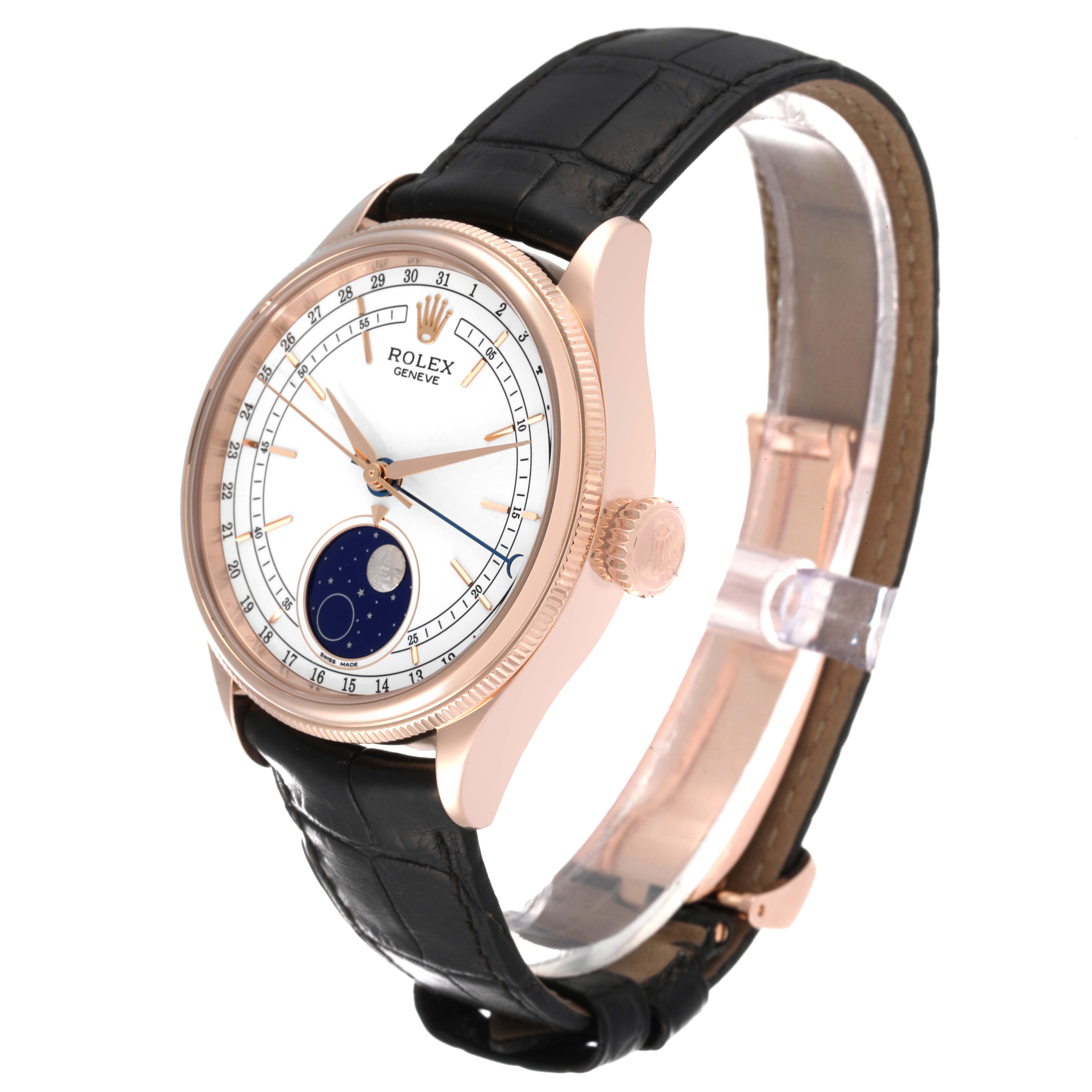 The image shows a Rolex Cellini 50535 Men's Rose Gold White Dial 50535 Men's Rose Gold White Dial watch angled to display the face, crown, and band.
