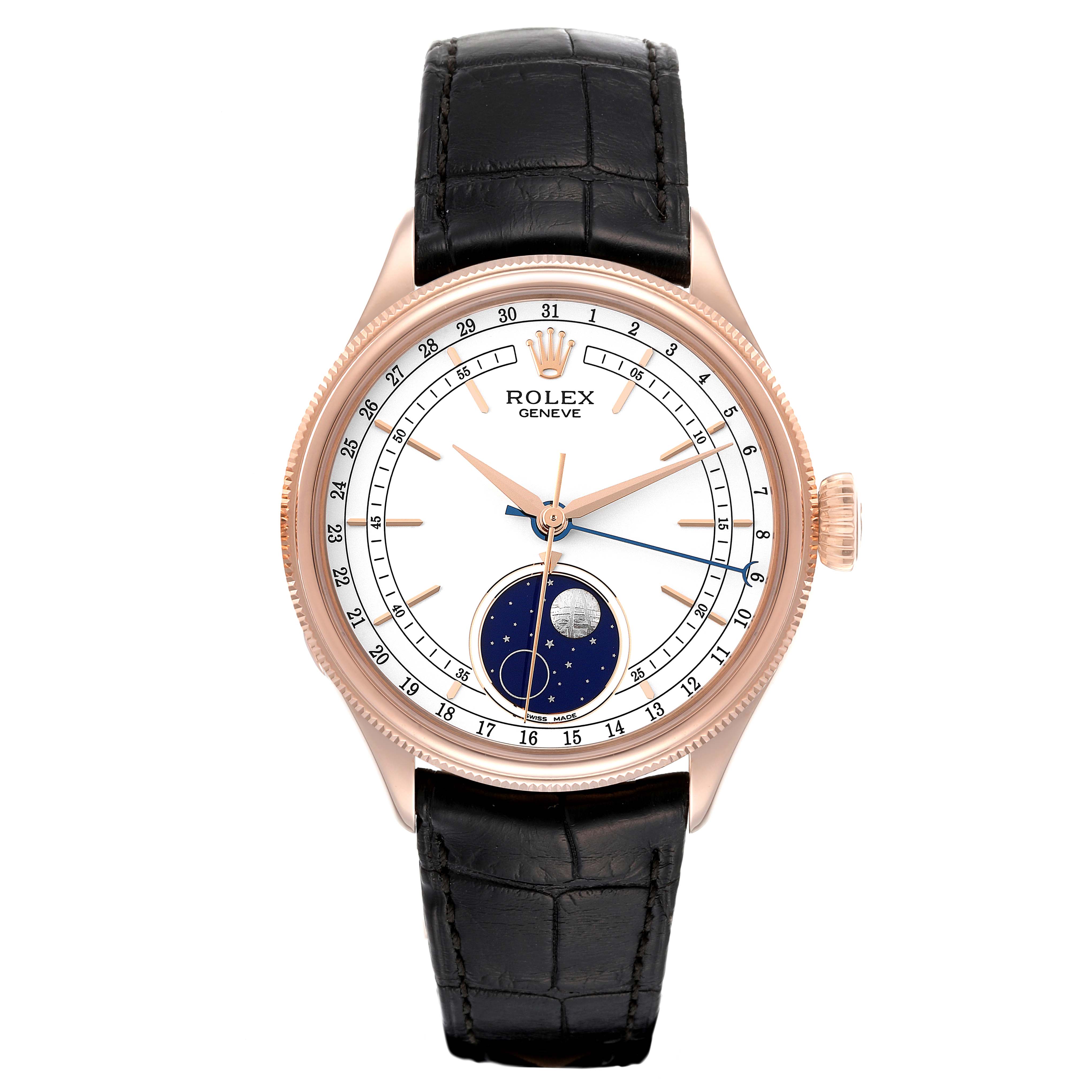 The image shows a front view of the Rolex Cellini 50535 Men's Rose Gold White Dial 50535 Men's Rose Gold White Dial watch, highlighting its dial, moon phase complication, and black leather strap.