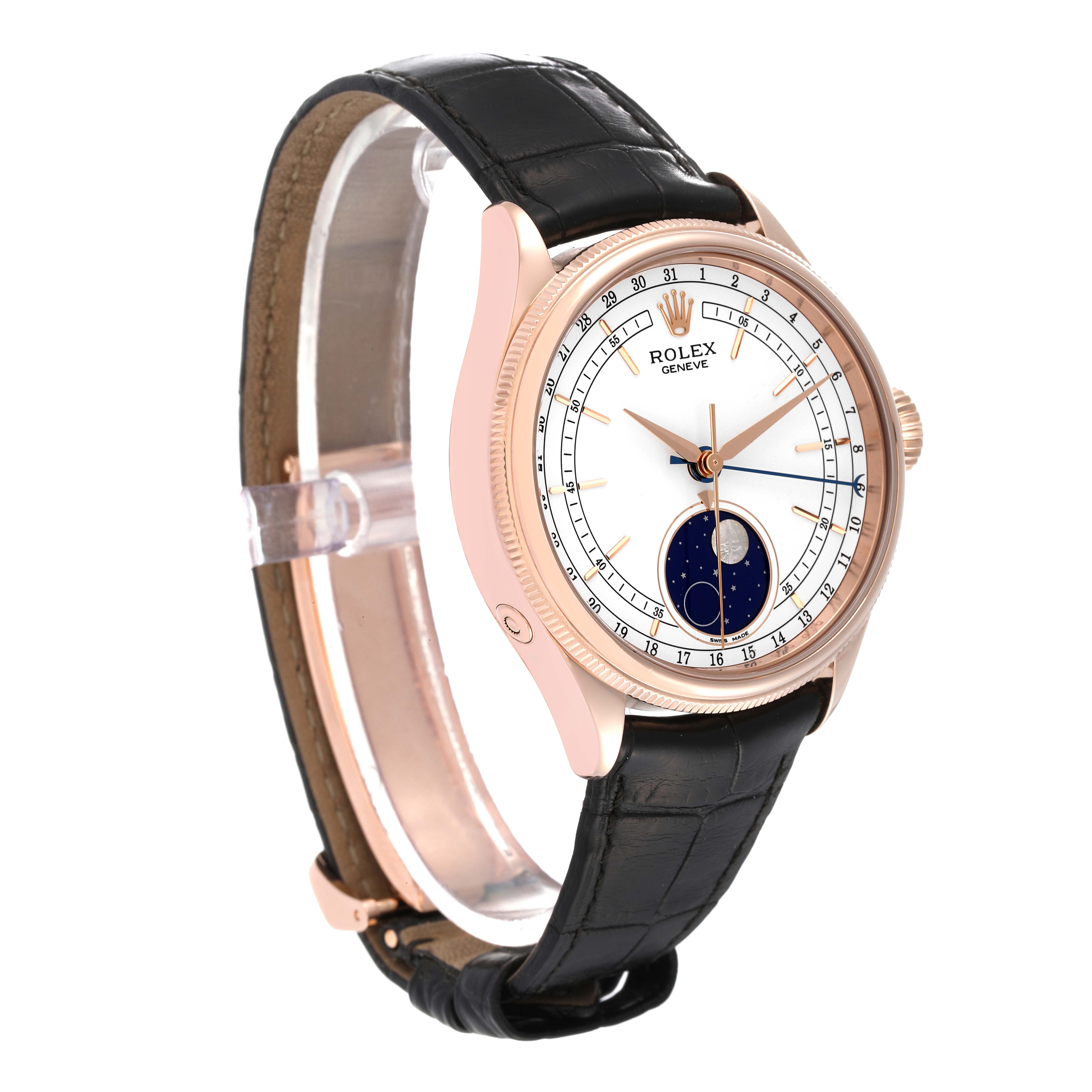 This image shows a Rolex Cellini 50535 Men's Rose Gold White Dial 50535 Men's Rose Gold White Dial watch at a three-quarter angle, highlighting the face, bezel, crown, and leather strap.