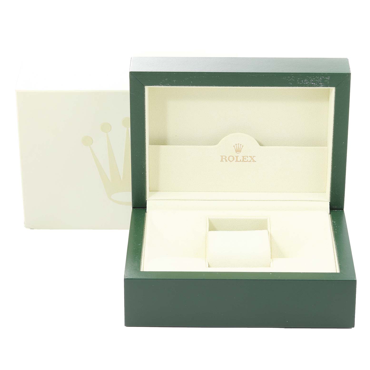 This image shows an open green and cream-colored Rolex Cellini 50535 Men's Rose Gold White Dial 50535 Men's Rose Gold White Dial watch box with the logo visible inside the lid.