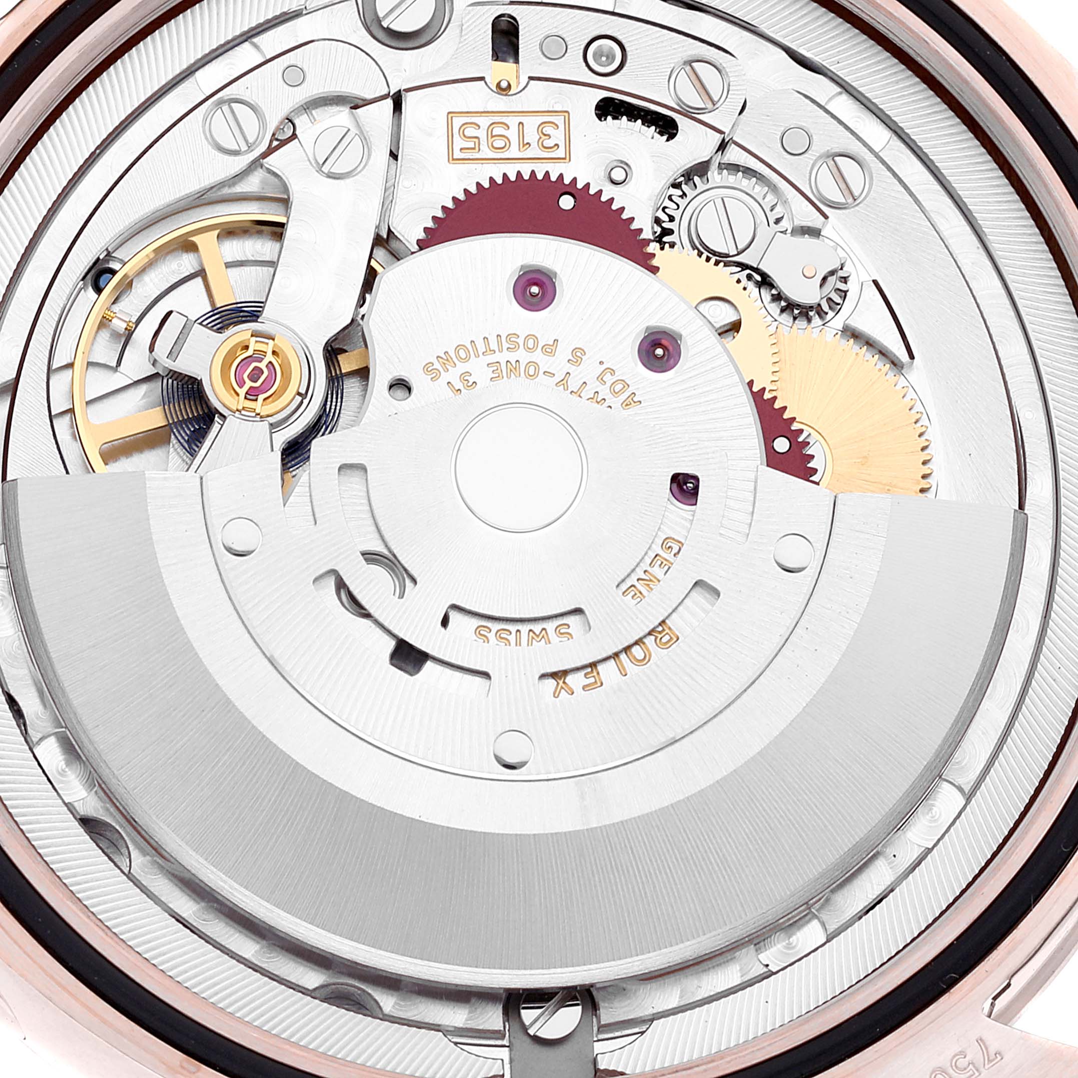 This image shows a close-up view of the movement mechanism inside a Rolex Cellini 50535 Men's Rose Gold White Dial 50535 Men's Rose Gold White Dial watch.