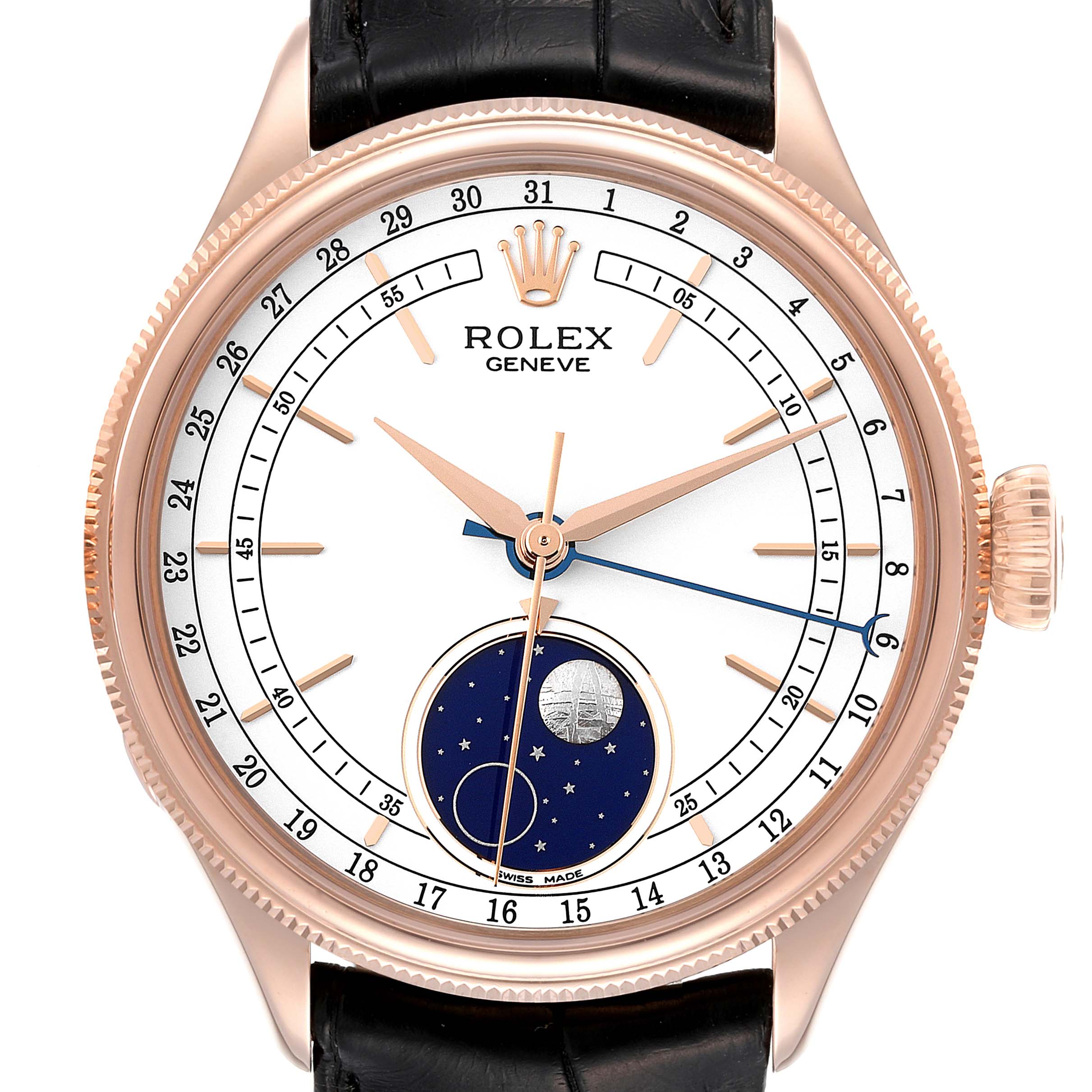 The image shows a front view of a Rolex Cellini 50535 Men's Rose Gold White Dial 50535 Men's Rose Gold White Dial watch, featuring its face, hands, crown, bezel, and a black leather strap.