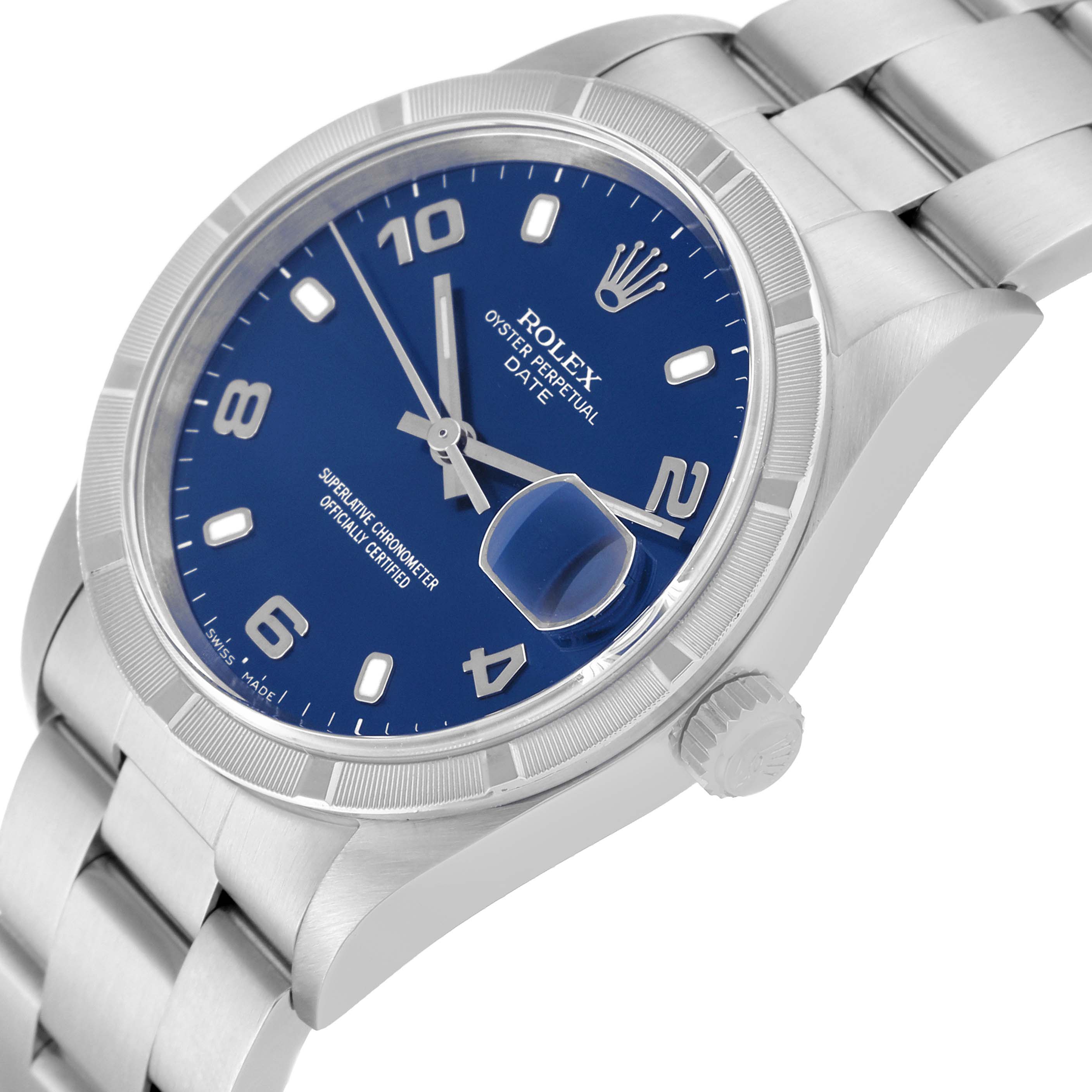 The image shows a close-up side angle of a Rolex Date 15210 Men's Stainless Steel Blue Dial 15210 Men's Stainless Steel Blue Dial's dial, bezel, bracelet, and crown.