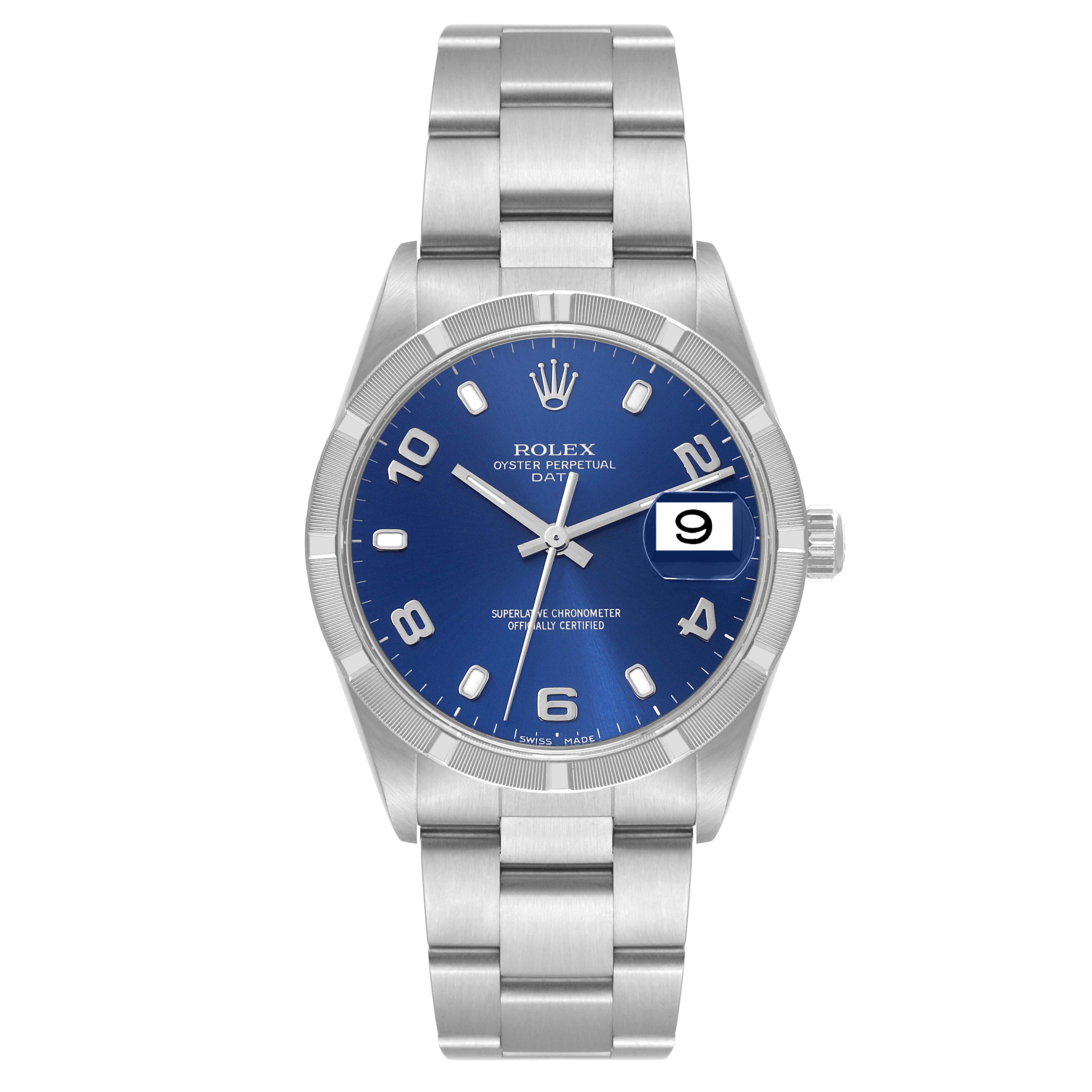 The image shows the front view of a Rolex Oyster Perpetual Date watch with a blue dial and silver bracelet.