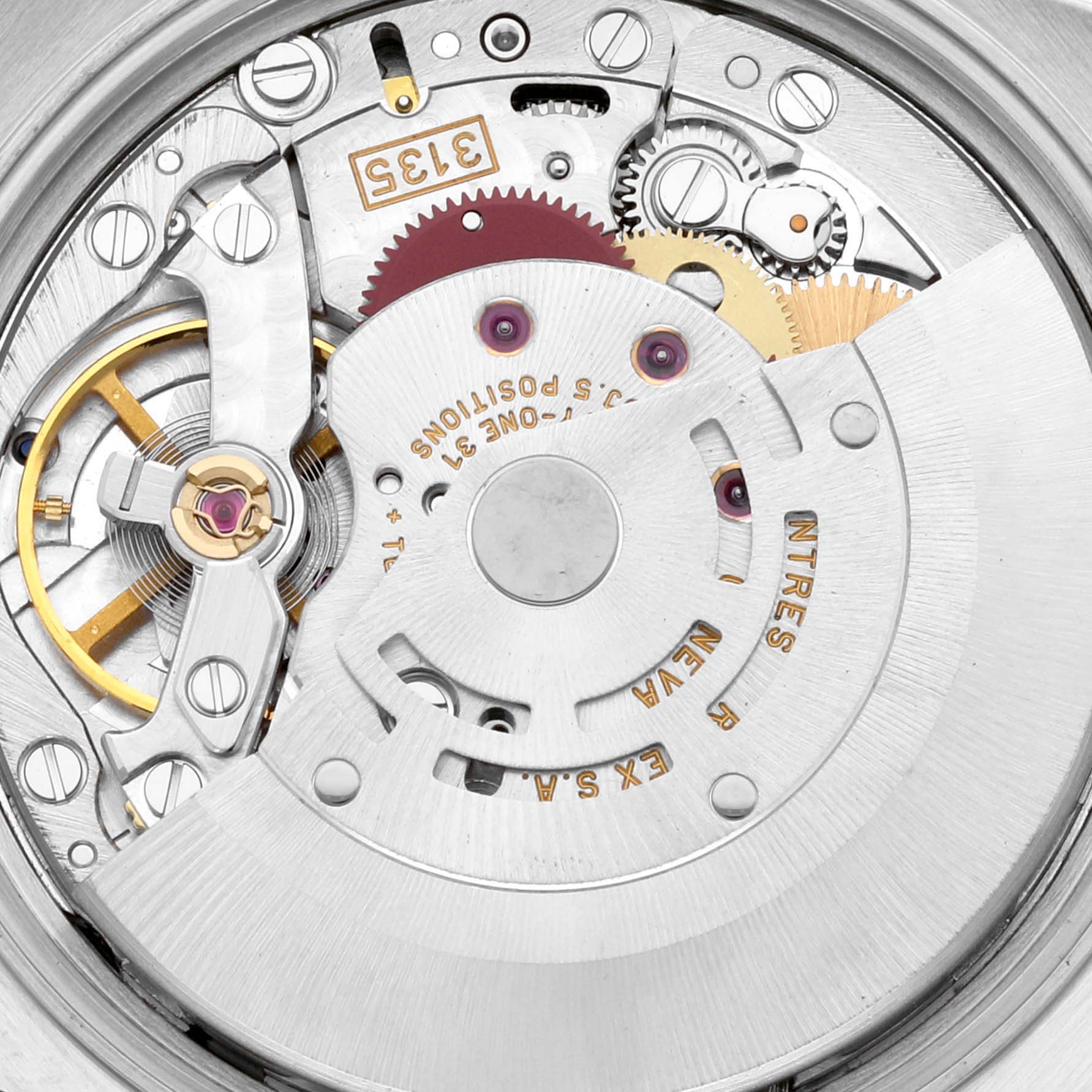 The image shows a close-up of the internal mechanism and movement parts of a Rolex Date 15210 Men's Stainless Steel Blue Dial 15210 Men's Stainless Steel Blue Dial model watch.